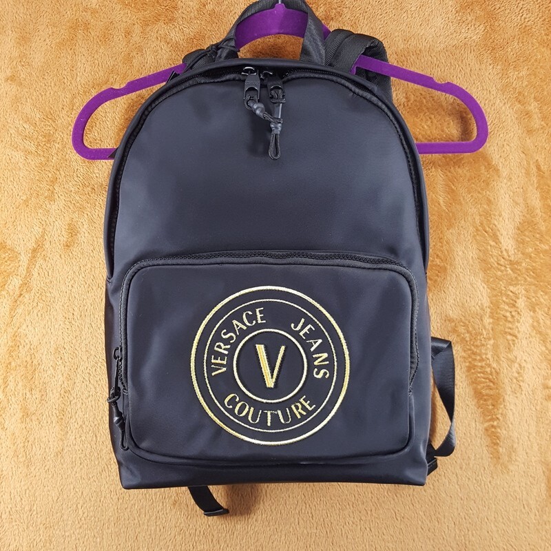 VERSACE COUTURE Backpack Black Nylon V Emblem Gold Logo Unisex $325