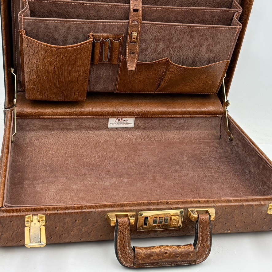 Vintage ATLAS Brown Ta Full Quill Ostrich Attaché Briefcase Amiet Locks w/ Combo