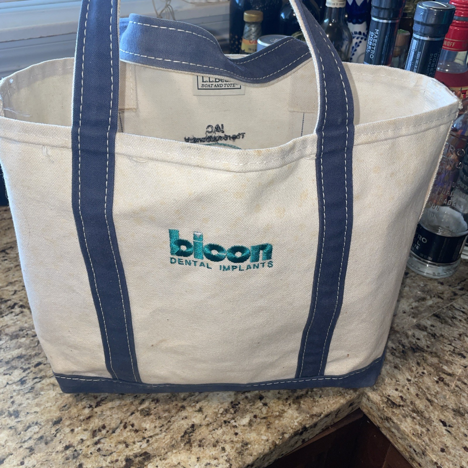 LL Bean Boat and Tote Blue White USA Canvas Tote Bag Small Bag Open Top Vtg