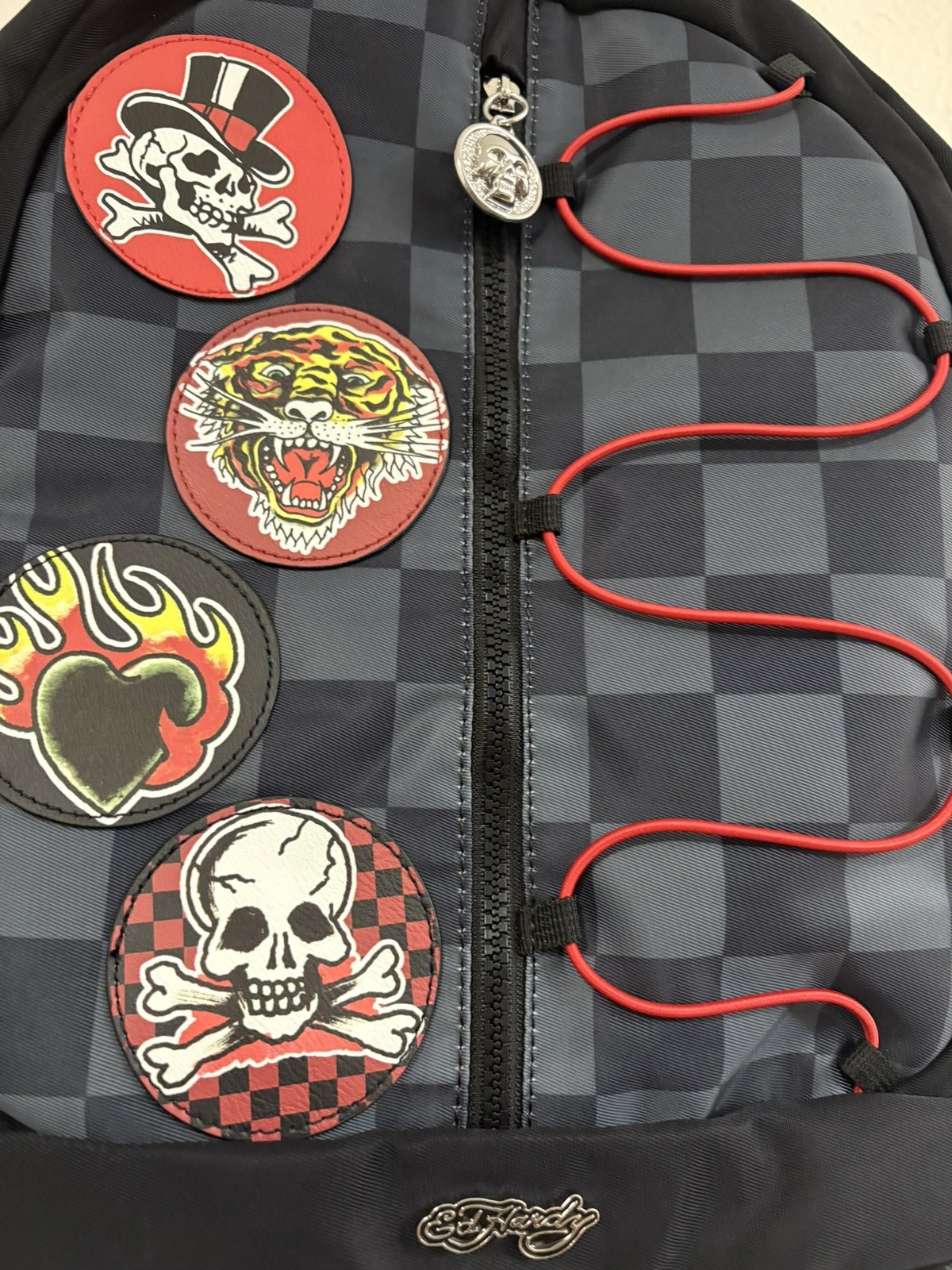 Ed Hardy Tattoo Patch Backpack Skull Tiger Flame Print Black Gray Checkered NWT