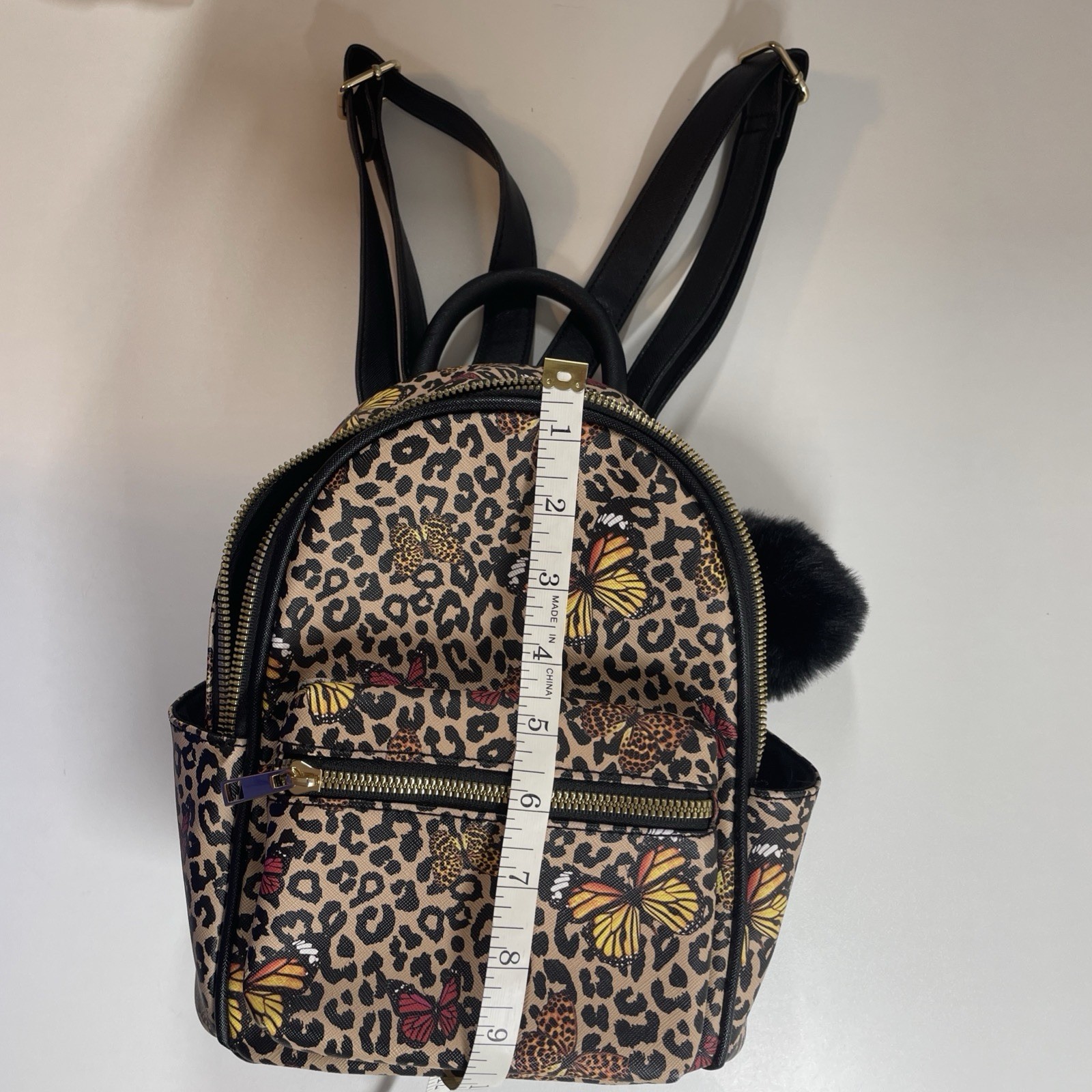 Like Dreams Backpack Purse Leopard Cheetah Butterfly Print Furry Black Bag Charm
