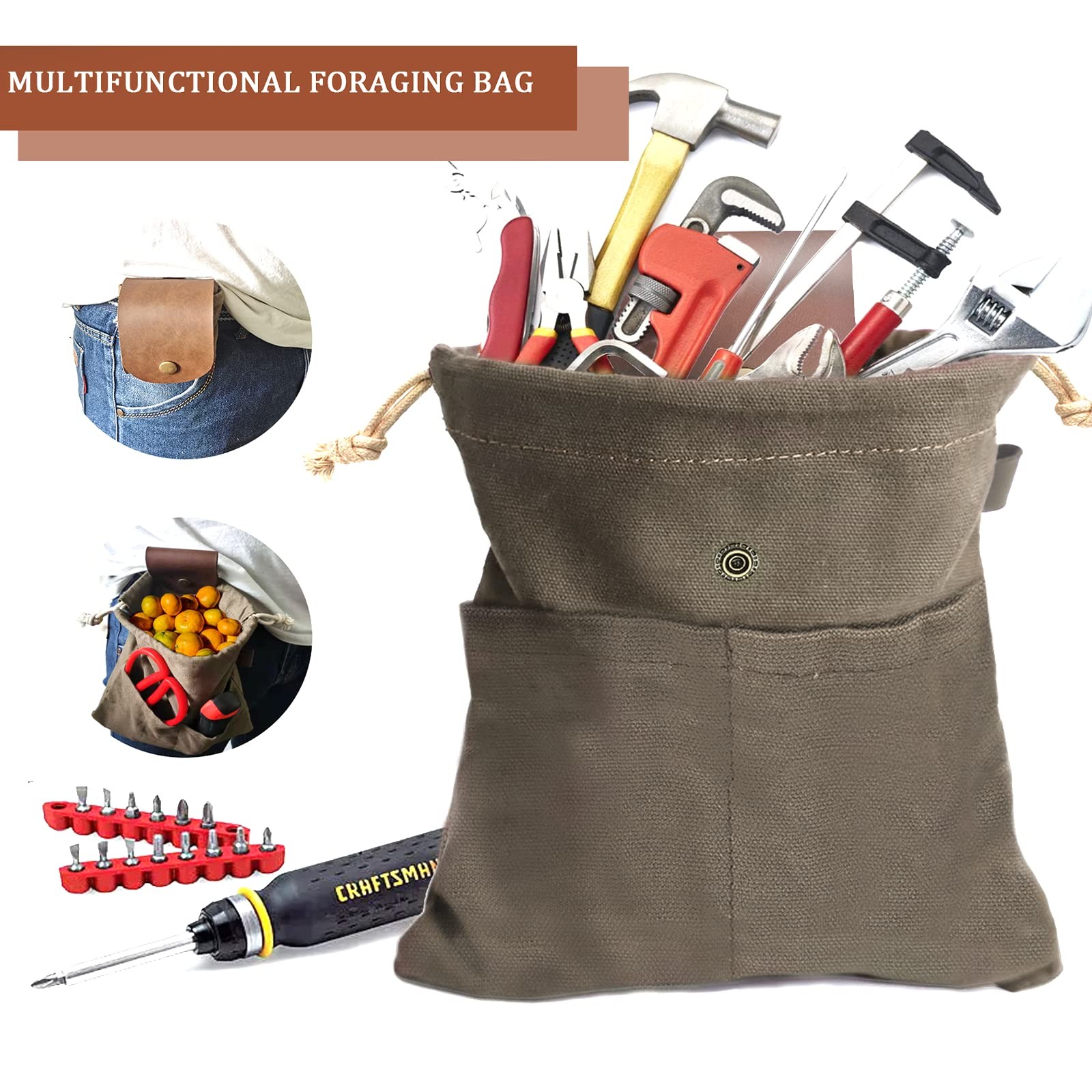 Foraging Pouch Leather Canvas Collapsible Bag Water Resistant Outdoor Camping