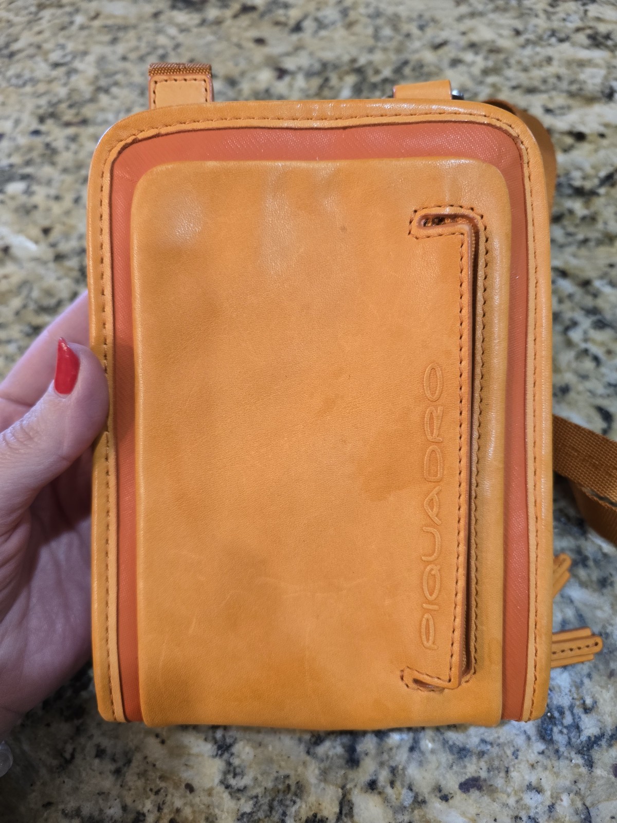 Piquadro Orange Leather Small Mens Crossbody Bag 8X5.5