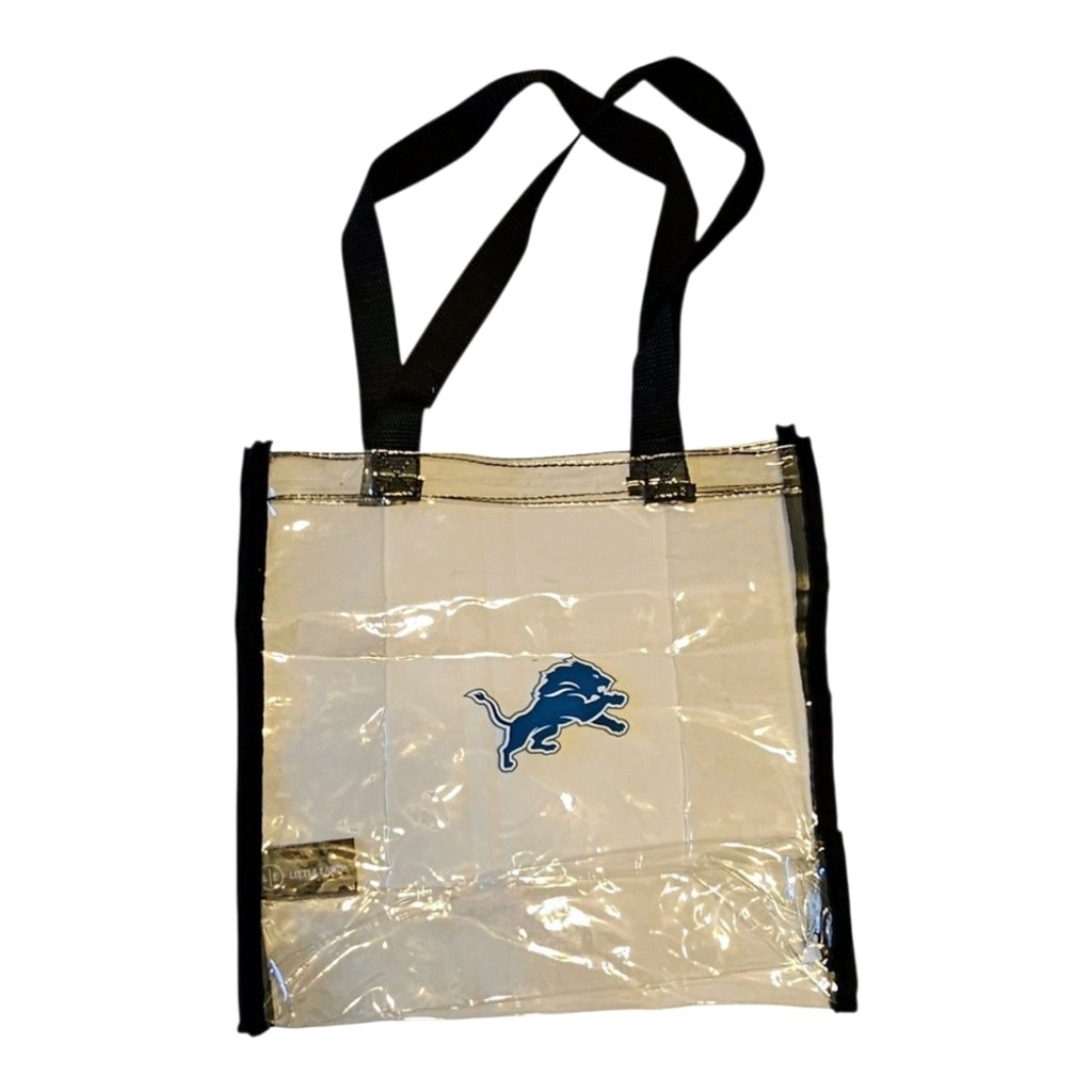 DETROIT LIONS CLEAR STADIUM TOTE BAG. GENTLY USED. APPROVED SIZE FOR FORD FEILD