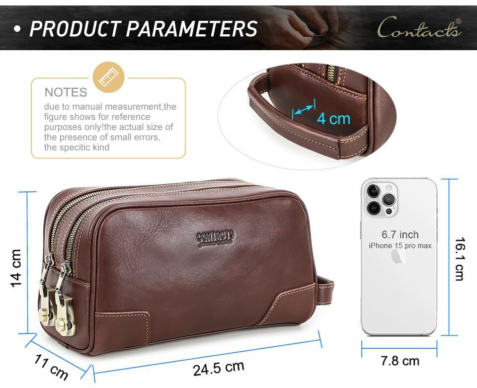 RC ROCKCOW Coded Lock Toiletry Bag, Mens Genuine Leather Travel coffee