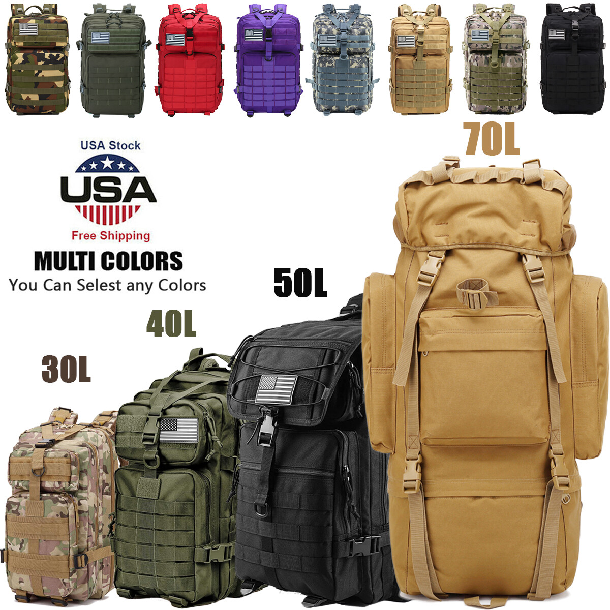 Military Tactical Backpack 30L-70L Large Outdoor Men 3 Day Assault Pack Rucksack
