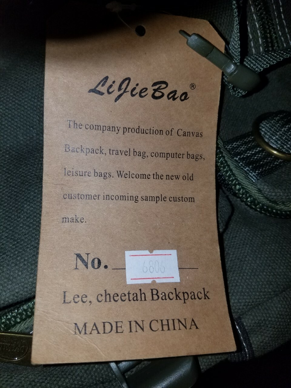 Army Green BJ Lijiebao Since 2011 Backpack Book Bag Thick Cotton Duck Canvas