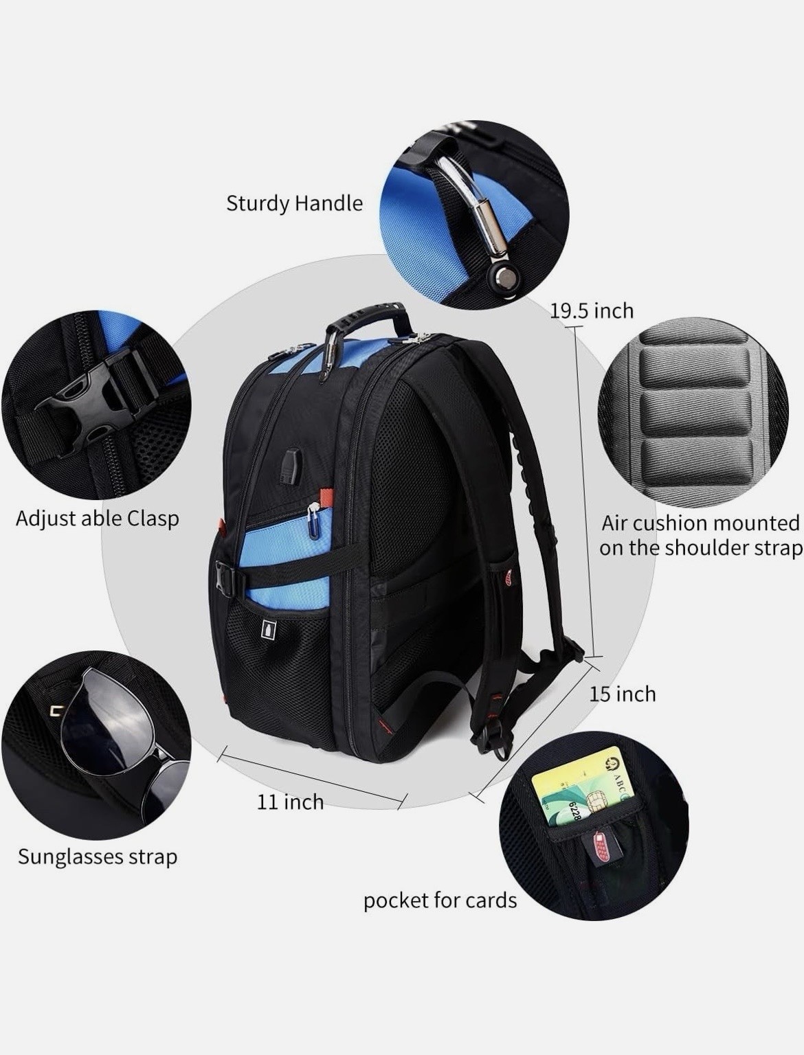 Soldier Knife Laptop Backpack Blue Black Travel School Bag Multi Pocket 18 inch
