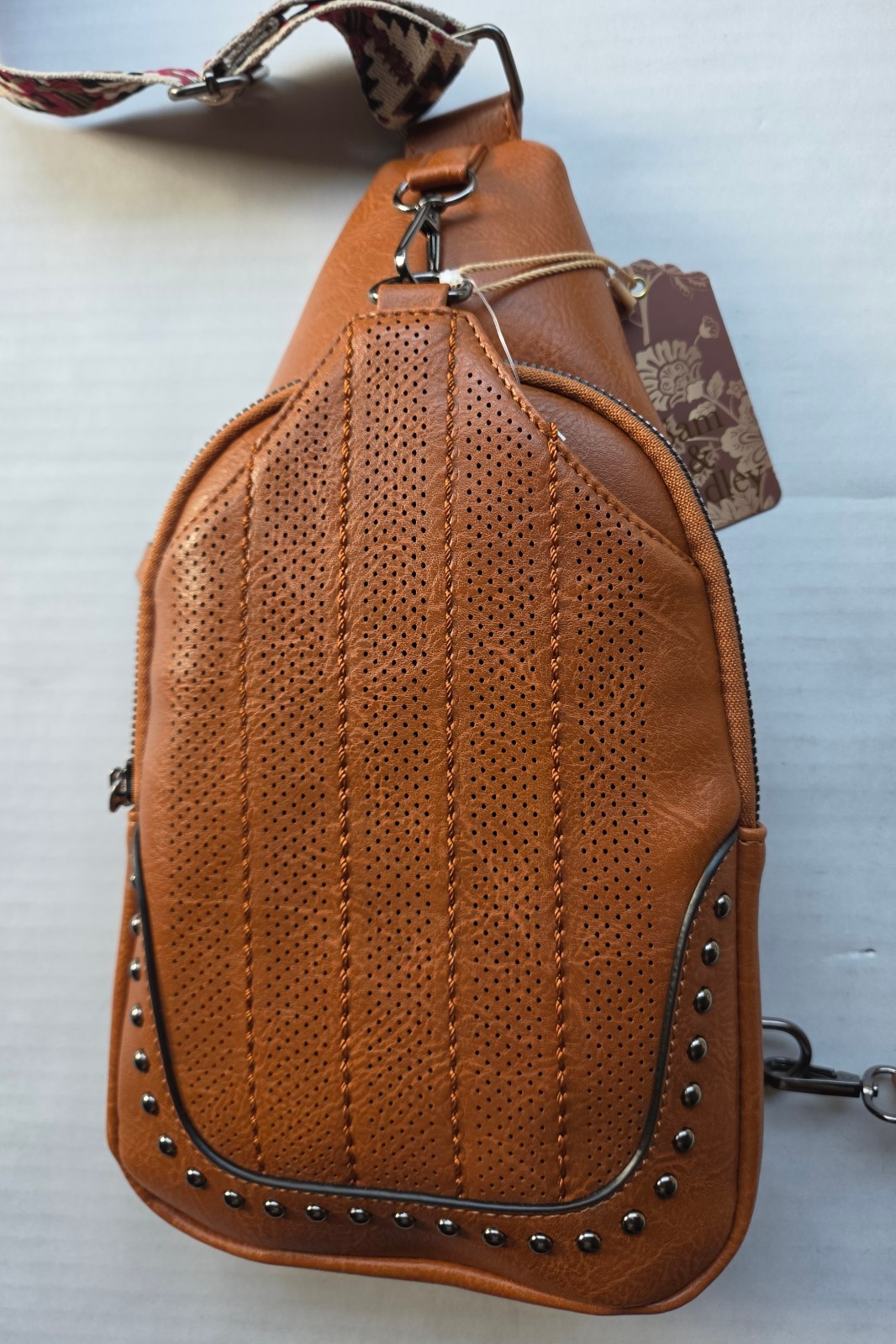 Sam & Hadley Western Cognac Color Crossbody Sling Bag with Studded Accent
