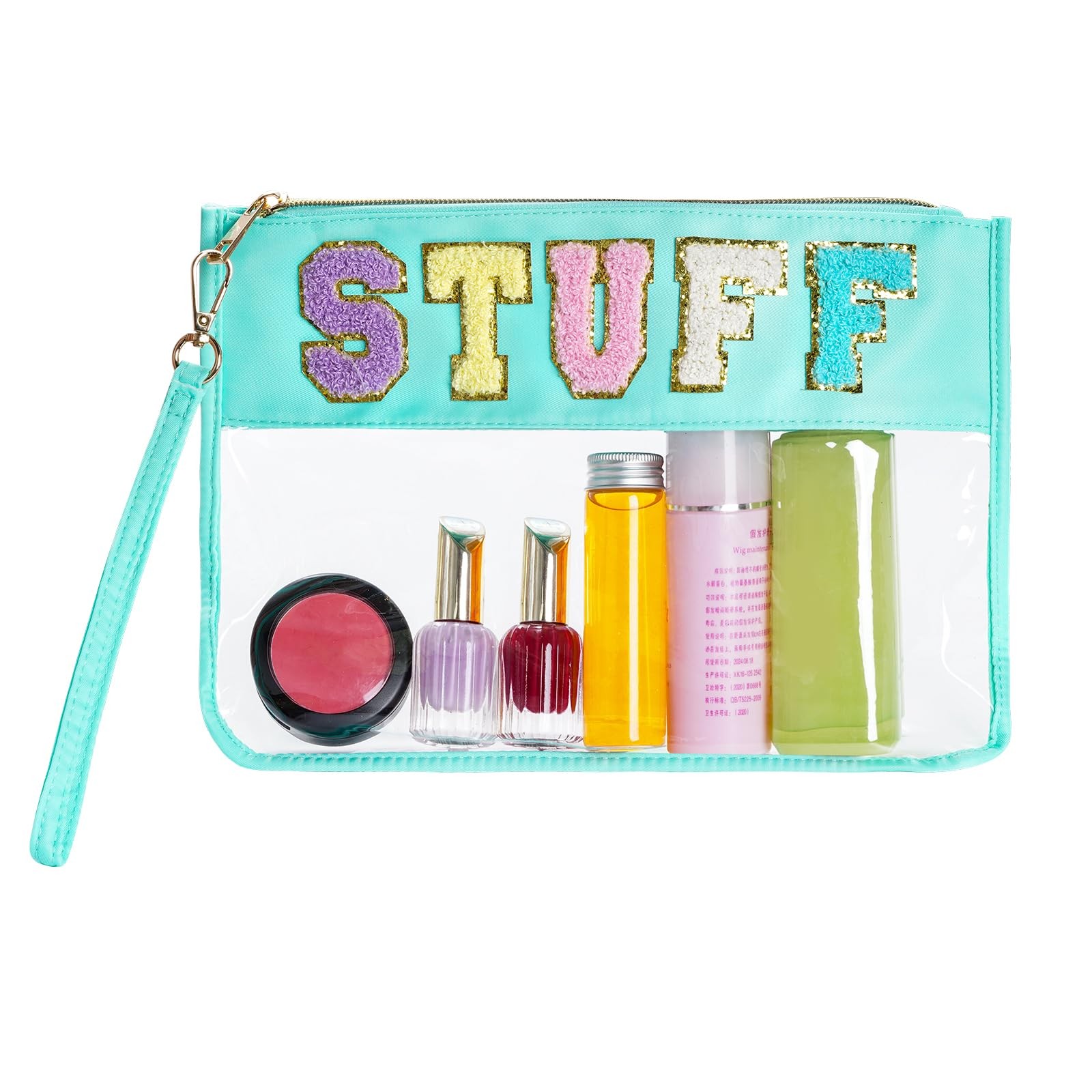 Hmxpls Chenille Letter Bag, Clear Flat Pouches 11.8×8.7 inch, Green-Stuff