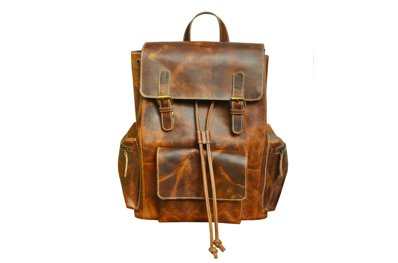 Handcrafted Full-Grain Pebbled Leather Casual Carry-On Travel Work Backpack