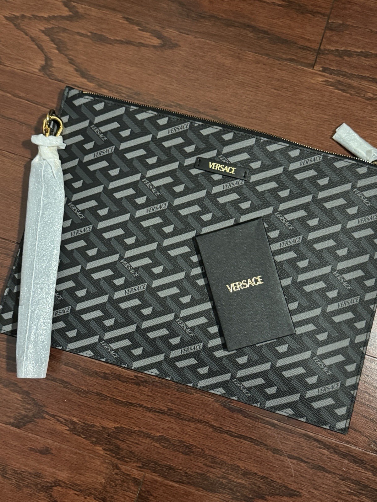 Versace Greca Canvas Large Pouch Clutch Black/Gray 1010525 IT NWT 100% Authentic