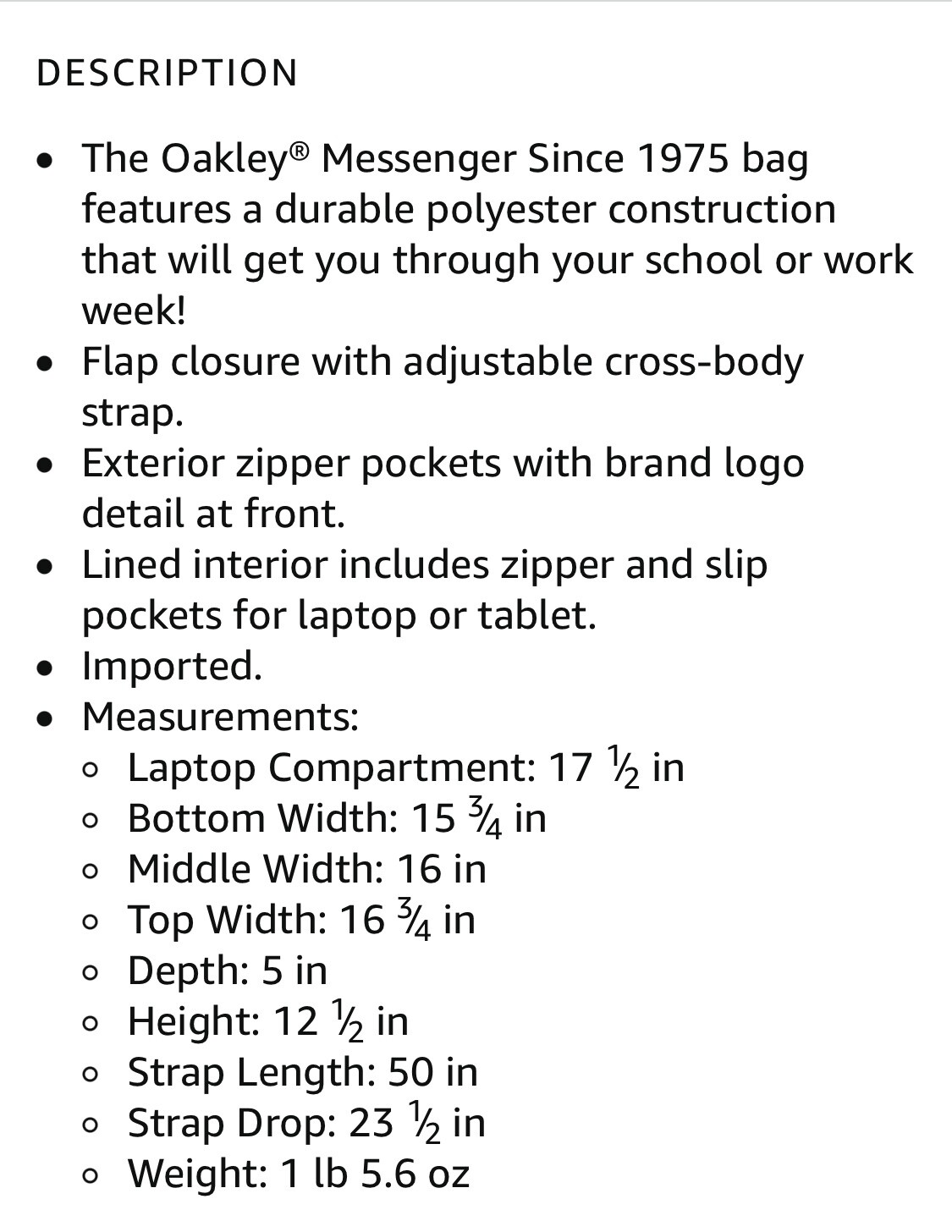 Oakley Unisex Messenger Since 1975 Dark Brush Travel Carry On Laptop Bag Strap