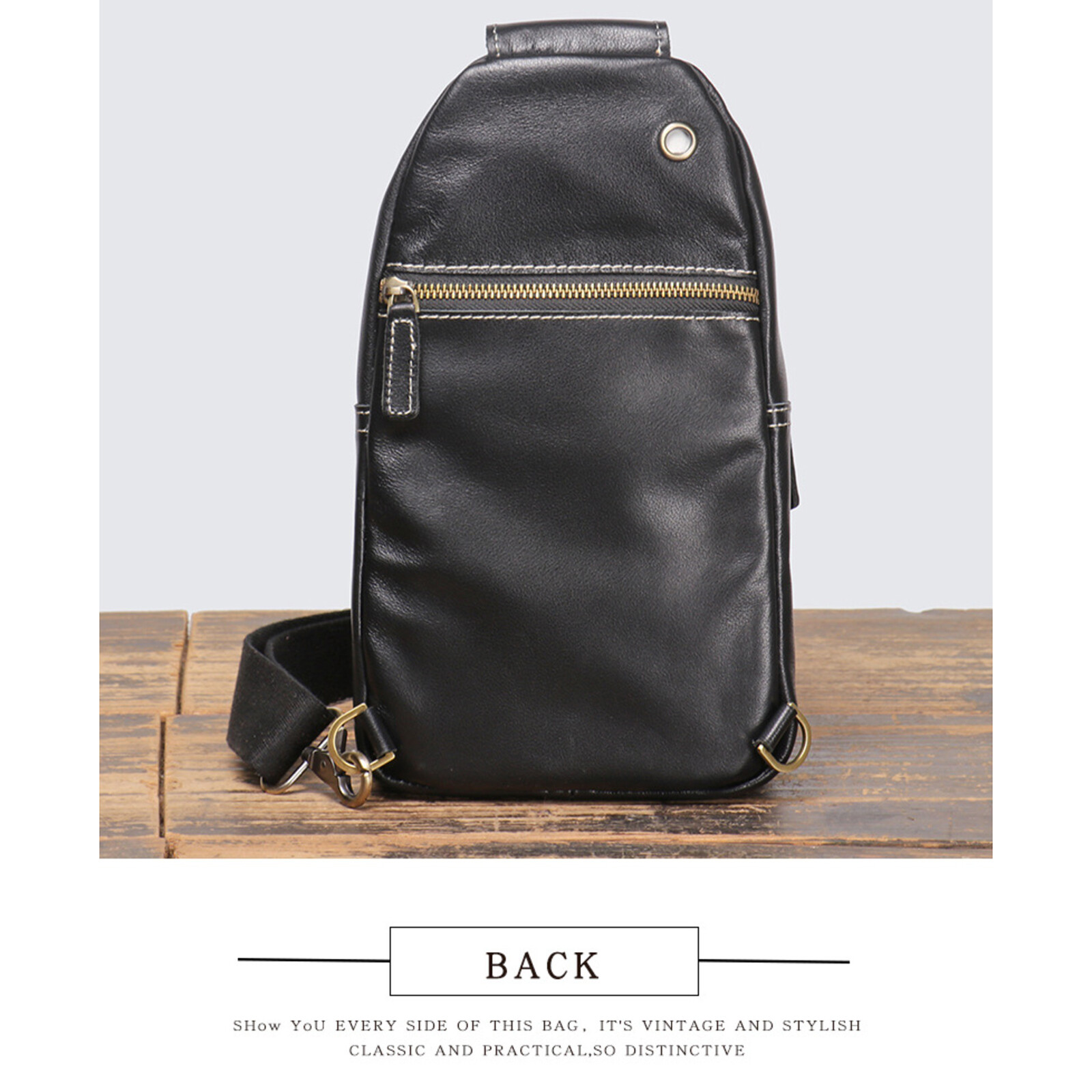 Men’s Leather Crossbody Sling Bag Chest Pack Shoulder Backpack Travel Black