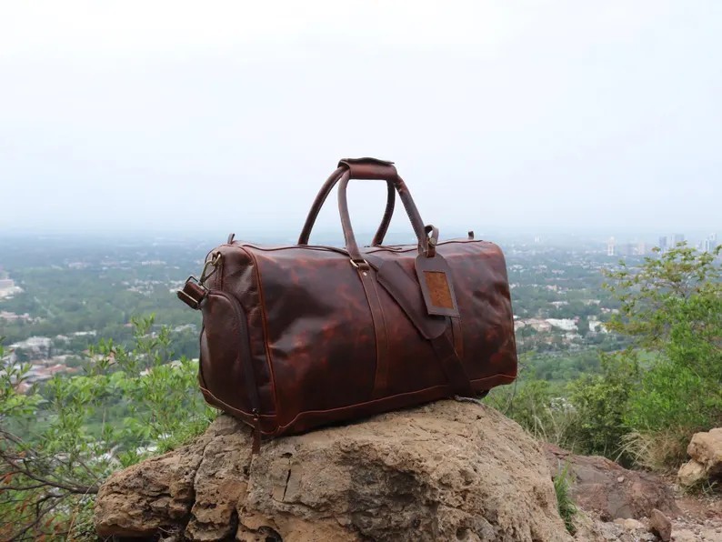 Buffalo Leather Duffle Bag| Genuine leather weekender bag brown| Leather holdall