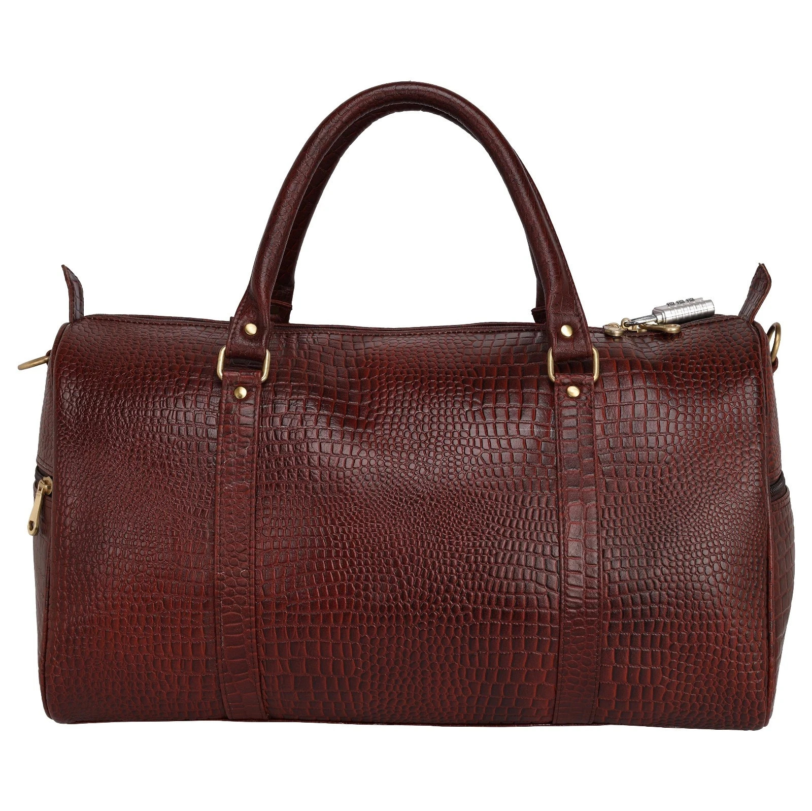Full Grain Croco Leather Duffel Travel Bag for Holiday Weekend with Padlock