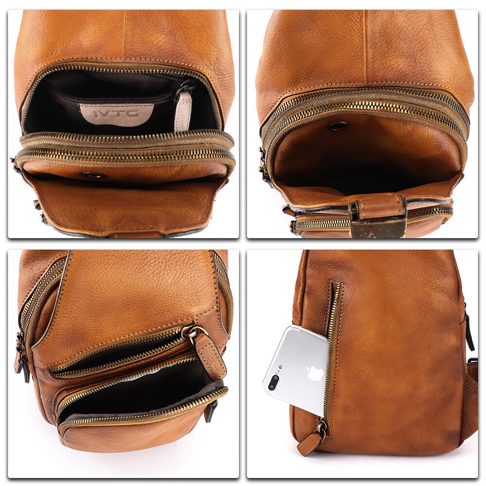 Genuine Leather Sling Bag Men Wome Retro Leather Crossbody Bag Chest Sling Purse