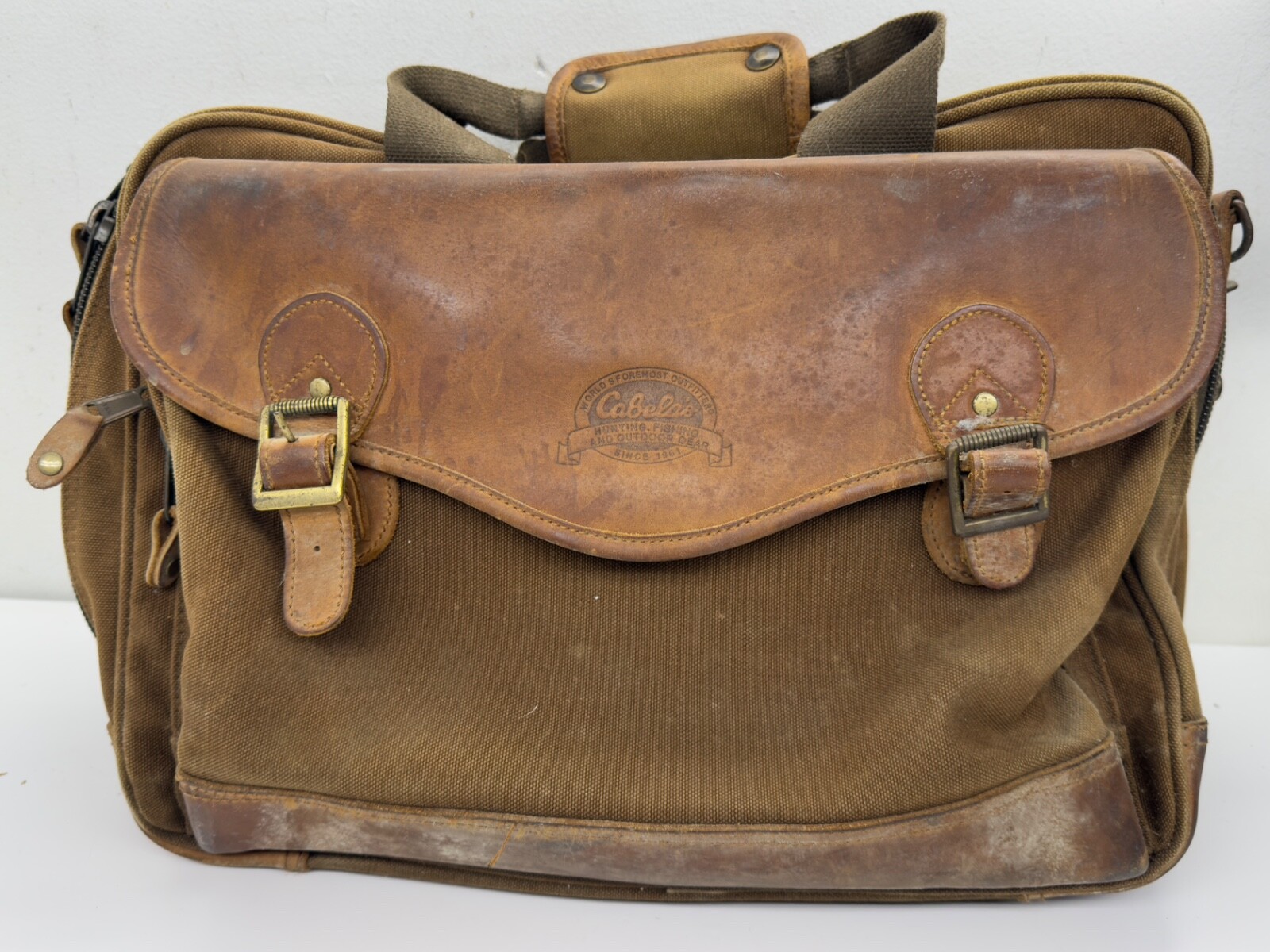 Vintage Cabela’s Leather Laptop Bag Fishing Tackle Shoulder Travel Canvas READ