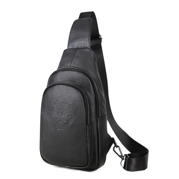 Genuine Leather Sling Backpack, Black Men‘s Crossbody Chest Bag Causal Daypack