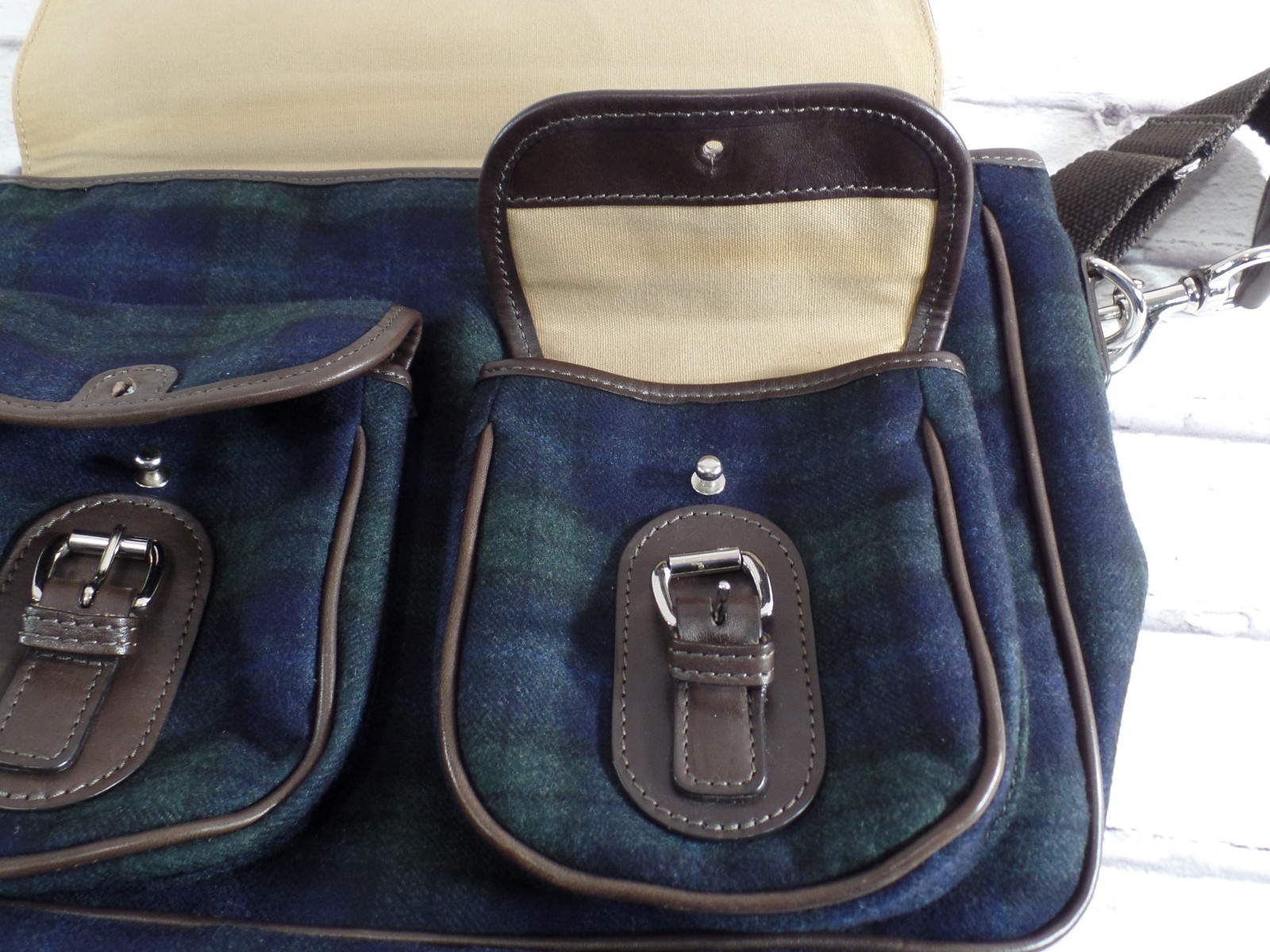 Men’s Peter Millar Briefcase Messenger Bag Tartan Wool Leather