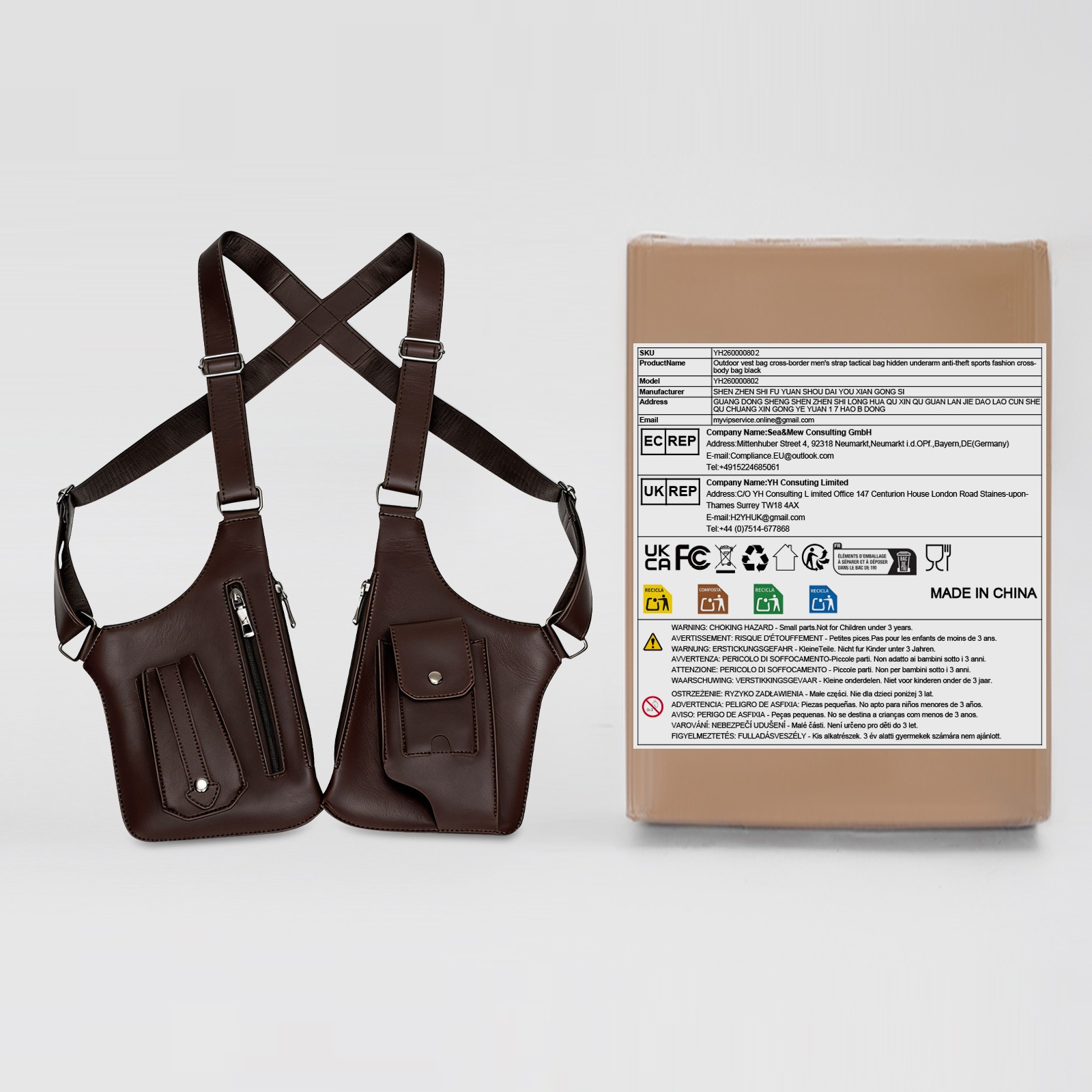 Underarm Vest Bag Men’s Underarm Multi-Pocket Bag Double Shoulder Armpit Bag