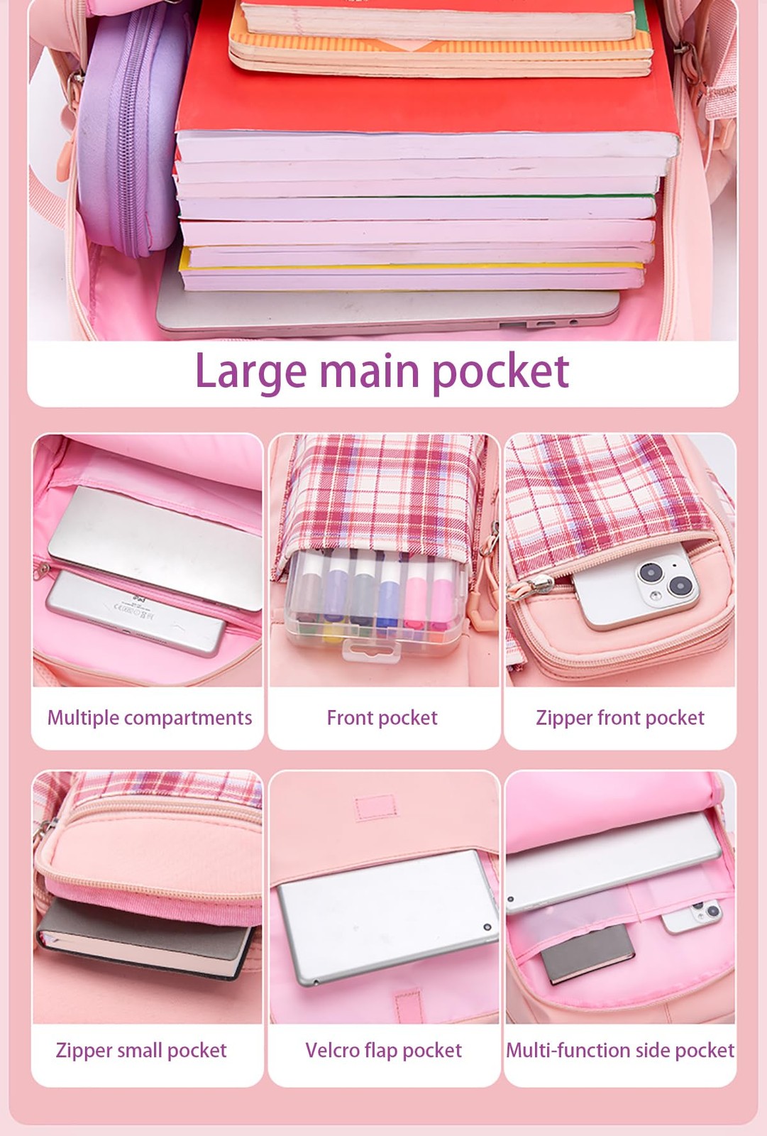 5Pcs Pink School Backpack Set for Girls – Cute Plaid Bookbag Daypacks Travel