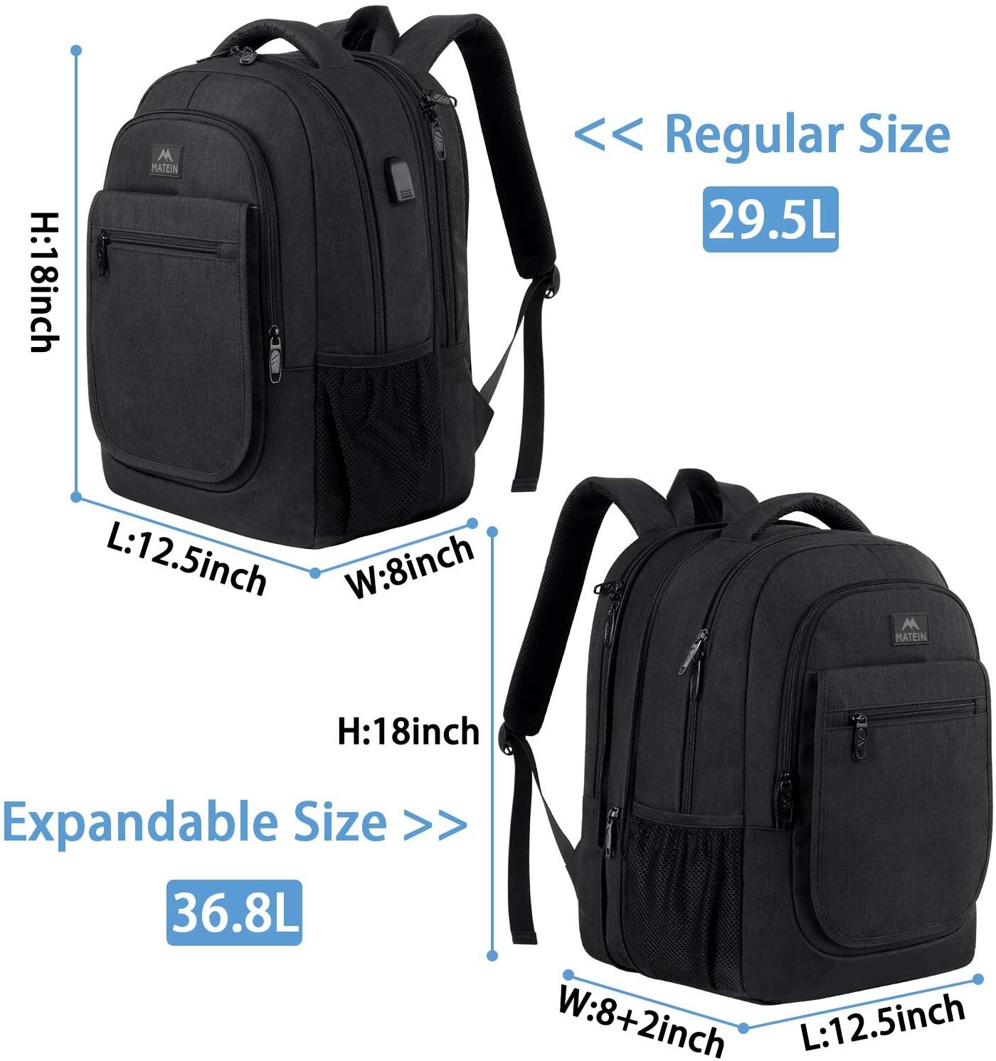 Expandable Bookbag 15.6 In Laptop School Boys Girls Backpack W/ USB Port, Black