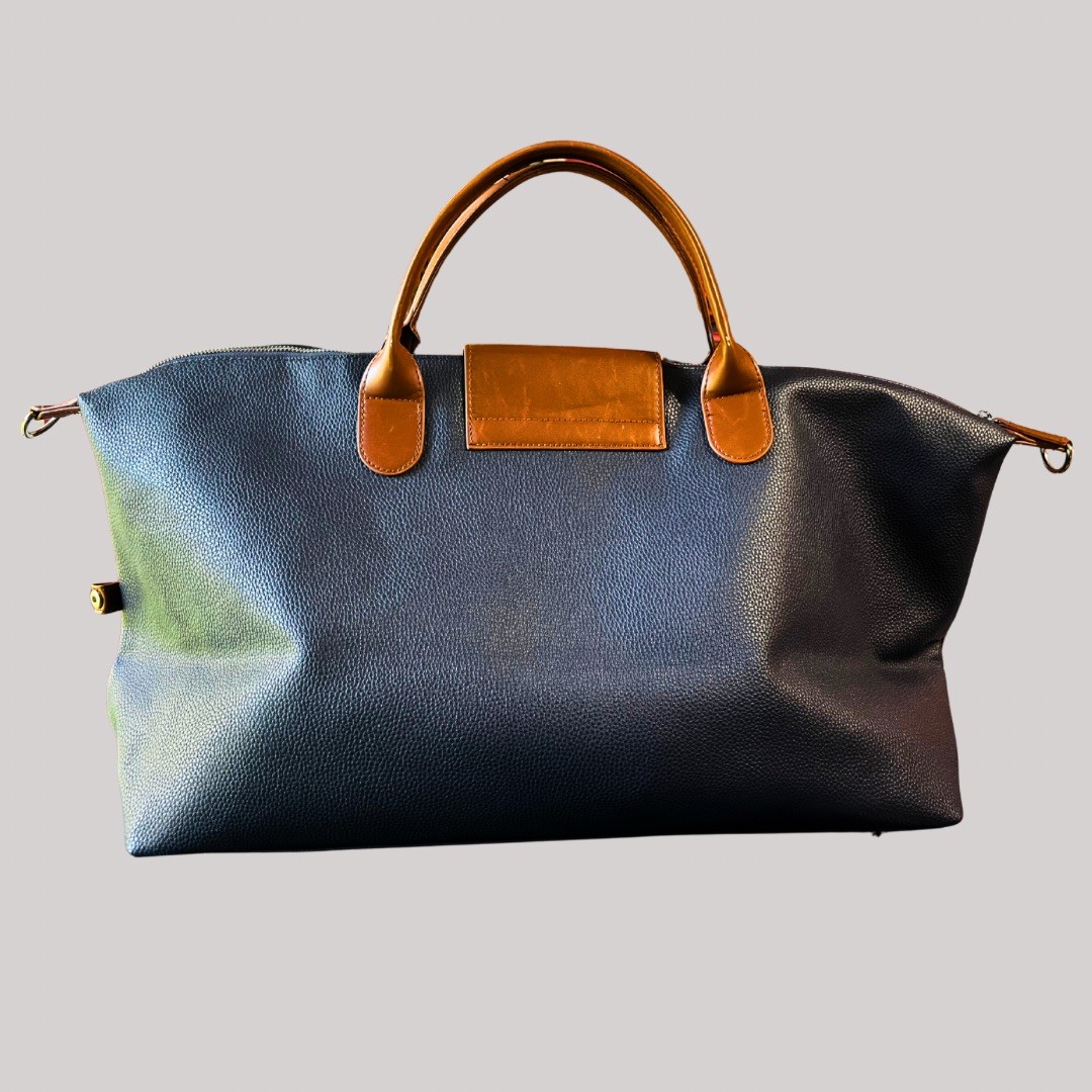 Brouk & Co Alpha Duffle Weekender Bag Vegan Pebbled Leather Navy Blue Brown Trim