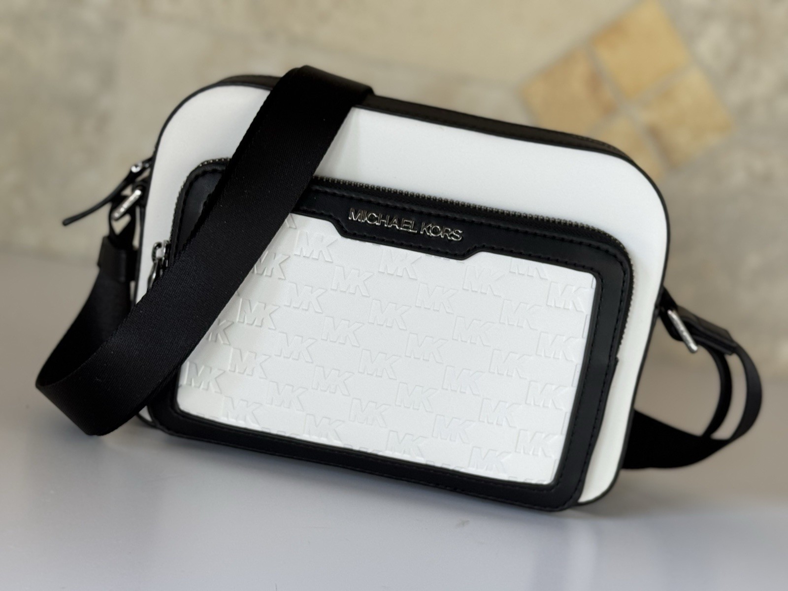 MICHAEL KORS COOPER EAST WEST CROSSBODY FLIGHT BAG MK EMBOSSED BRIGHT WHITE