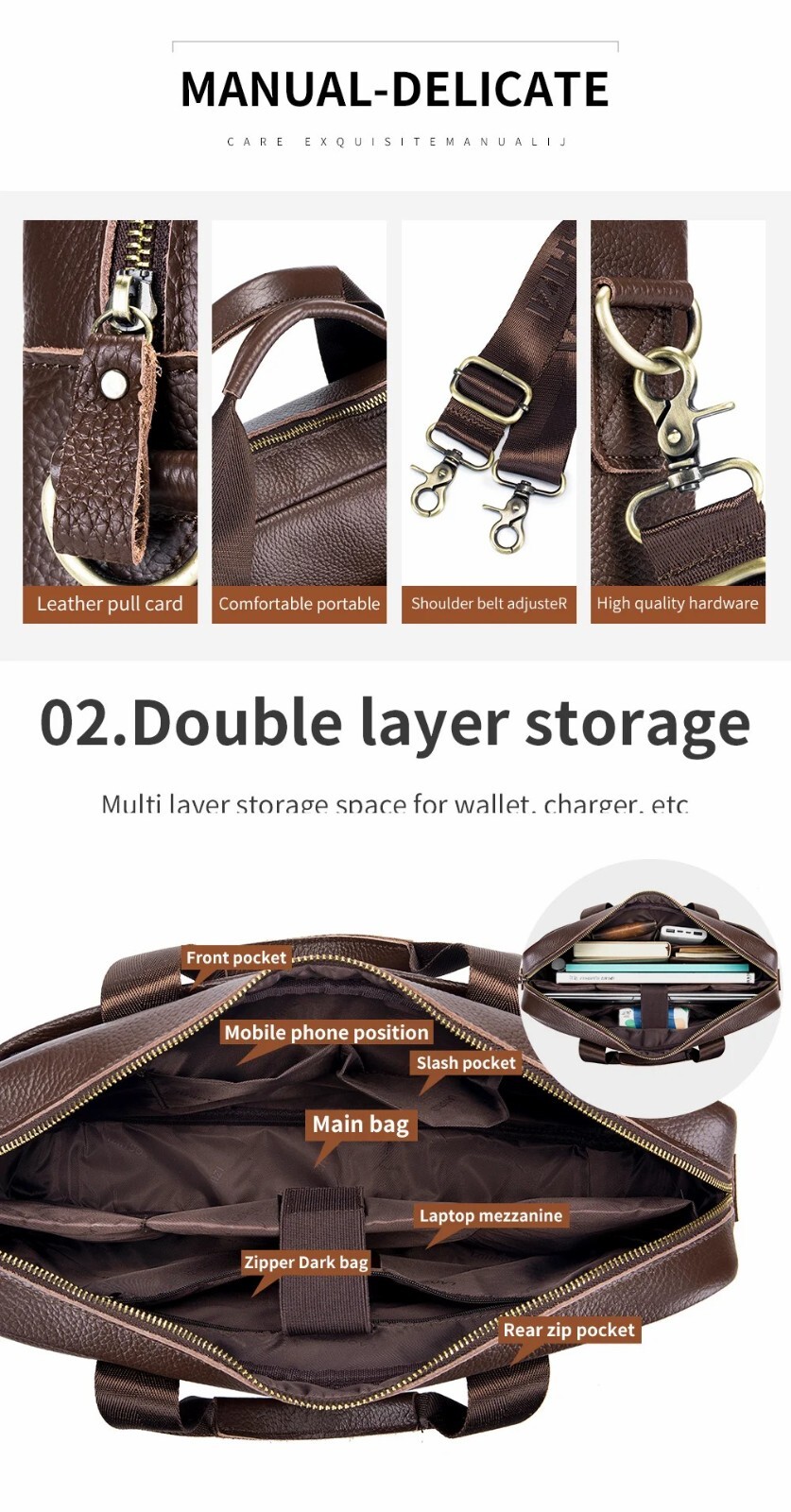 Men’s genuine leather 14 inch notebook bag, men’s office and business handbag