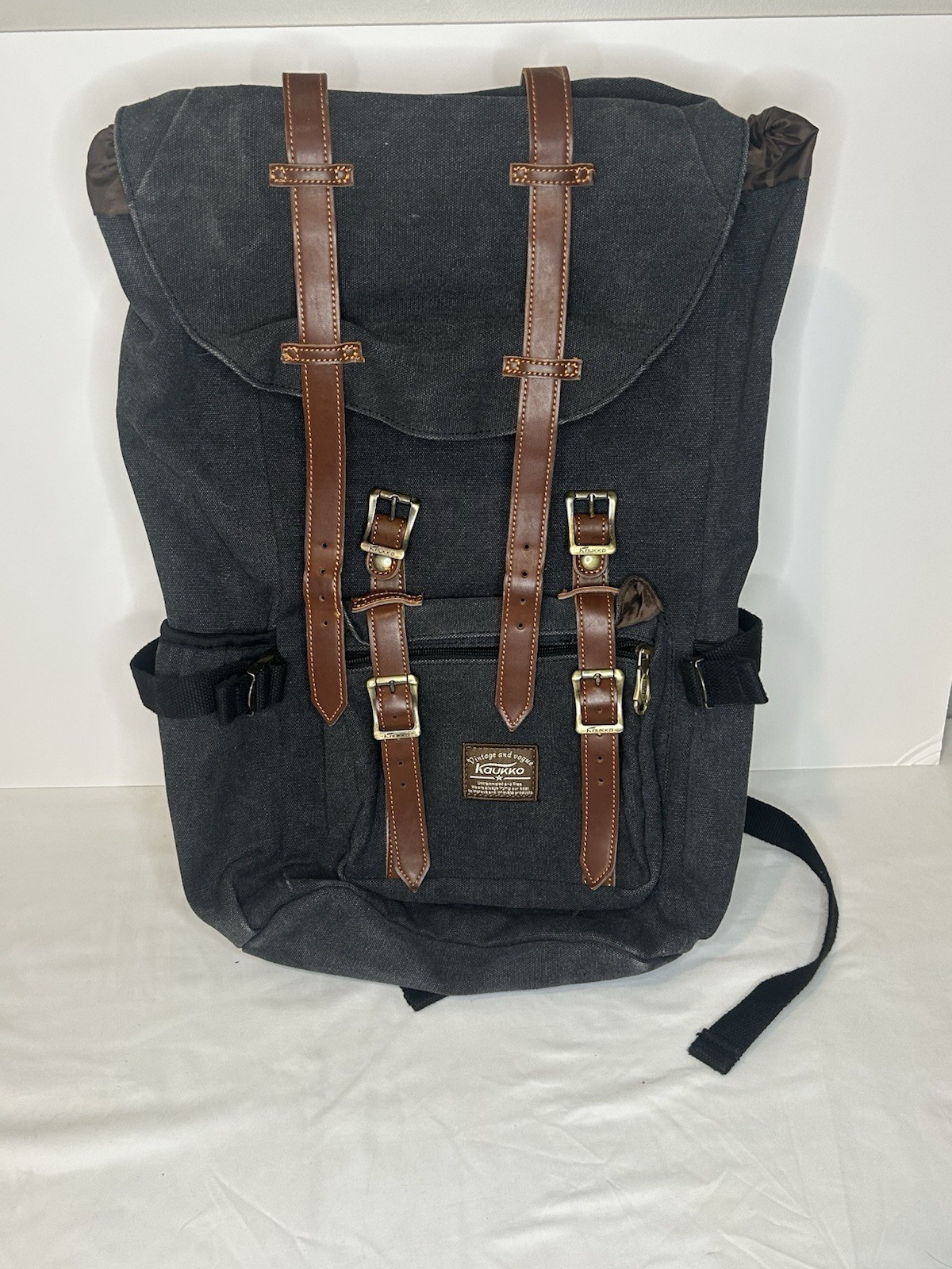 Kaukko Vintage Canvas Backpack Black Brown Strap Laptop Travel School Bag