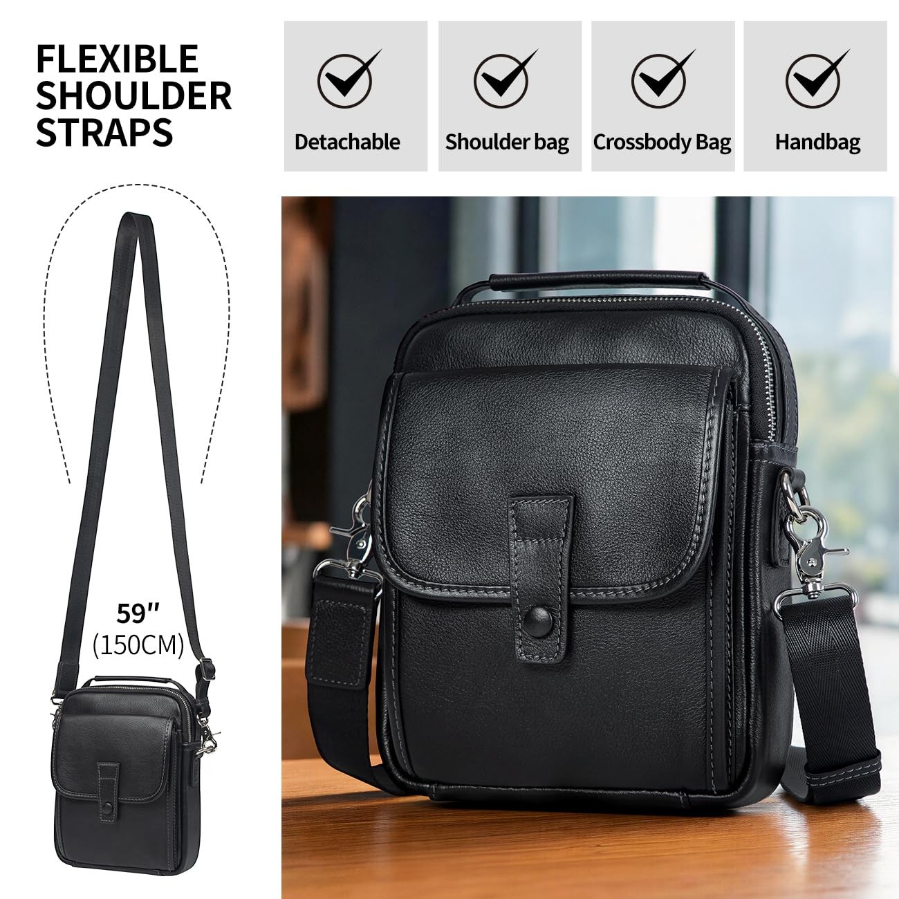 Genuine Leather Messenger Bag Purse for Men Crossbody Black