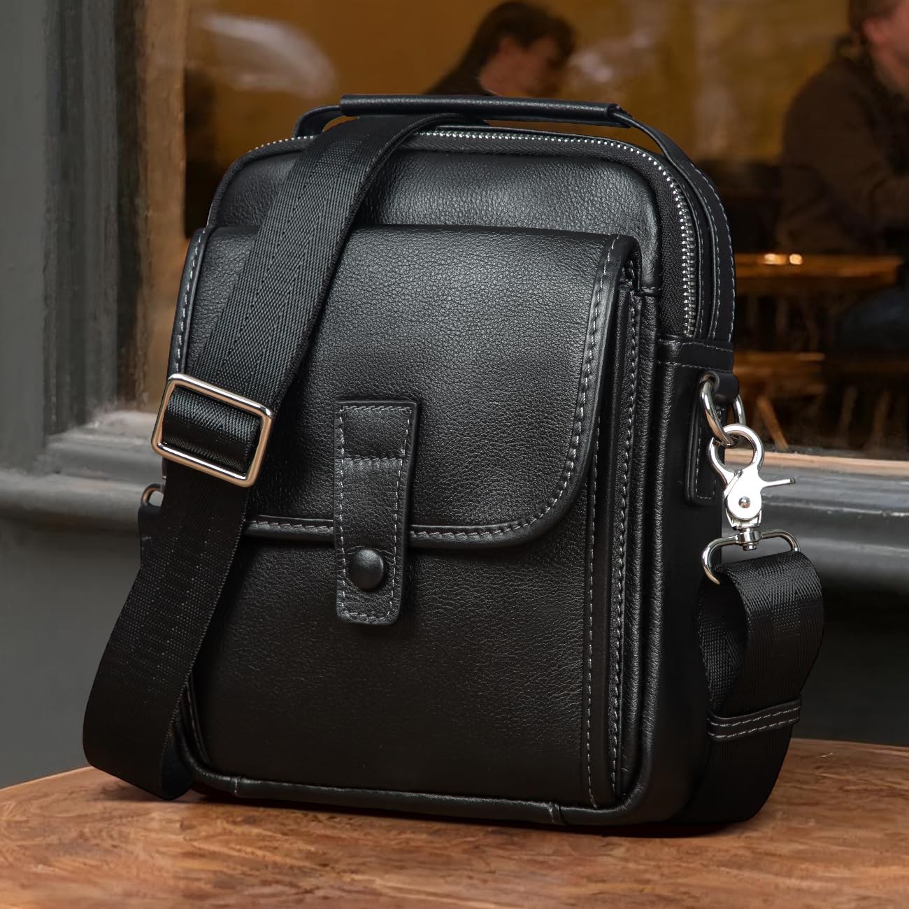 Genuine Leather Messenger Bag Purse for Men Crossbody Black