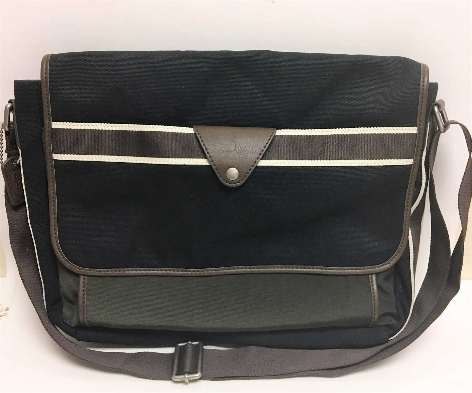 FOSSIL LANE MESSENGER BLACK CANVAS+OLIVE GREEN NYLON,BROWN,LAPTOP BAG CROSSBODY