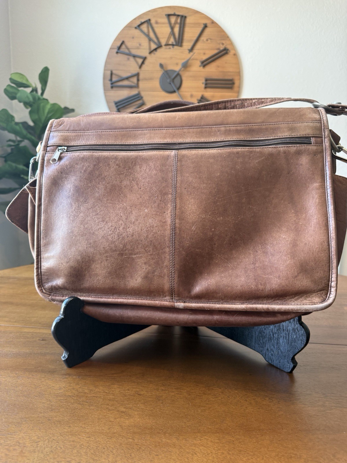 Briefcase Brown Leather Toggle Clasps Shoulder Strap & Top Handle Vintage 1990s
