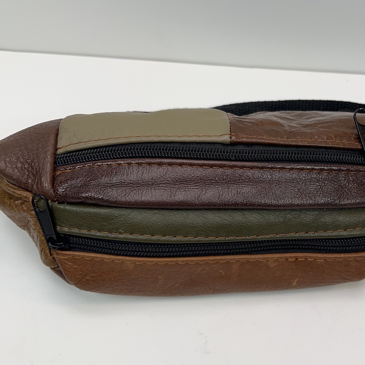 Vtg LEATHER Fanny Pack 90s Suede Patchwork Brown Waist Bag Straps Multi Pockets