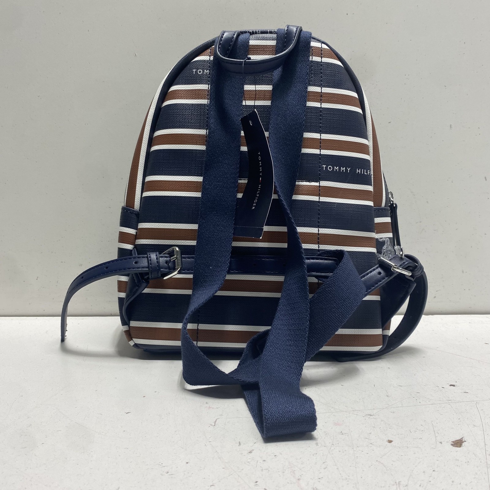 Tommy Hilfiger Navy Blue White Brown Striped Mini Backpack PVC Silver HW NWT