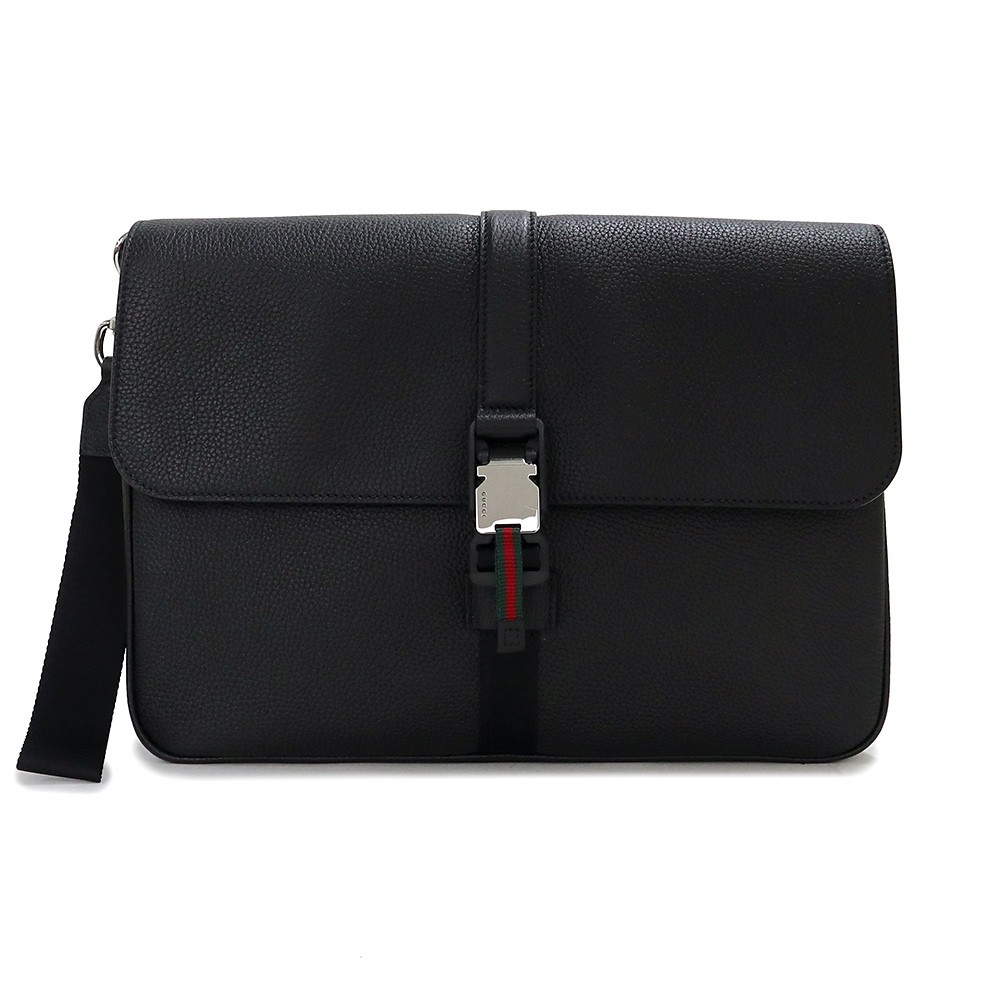 GUCCI Web Stripe Medium Clutch Soft Grain Leather , Black 816755