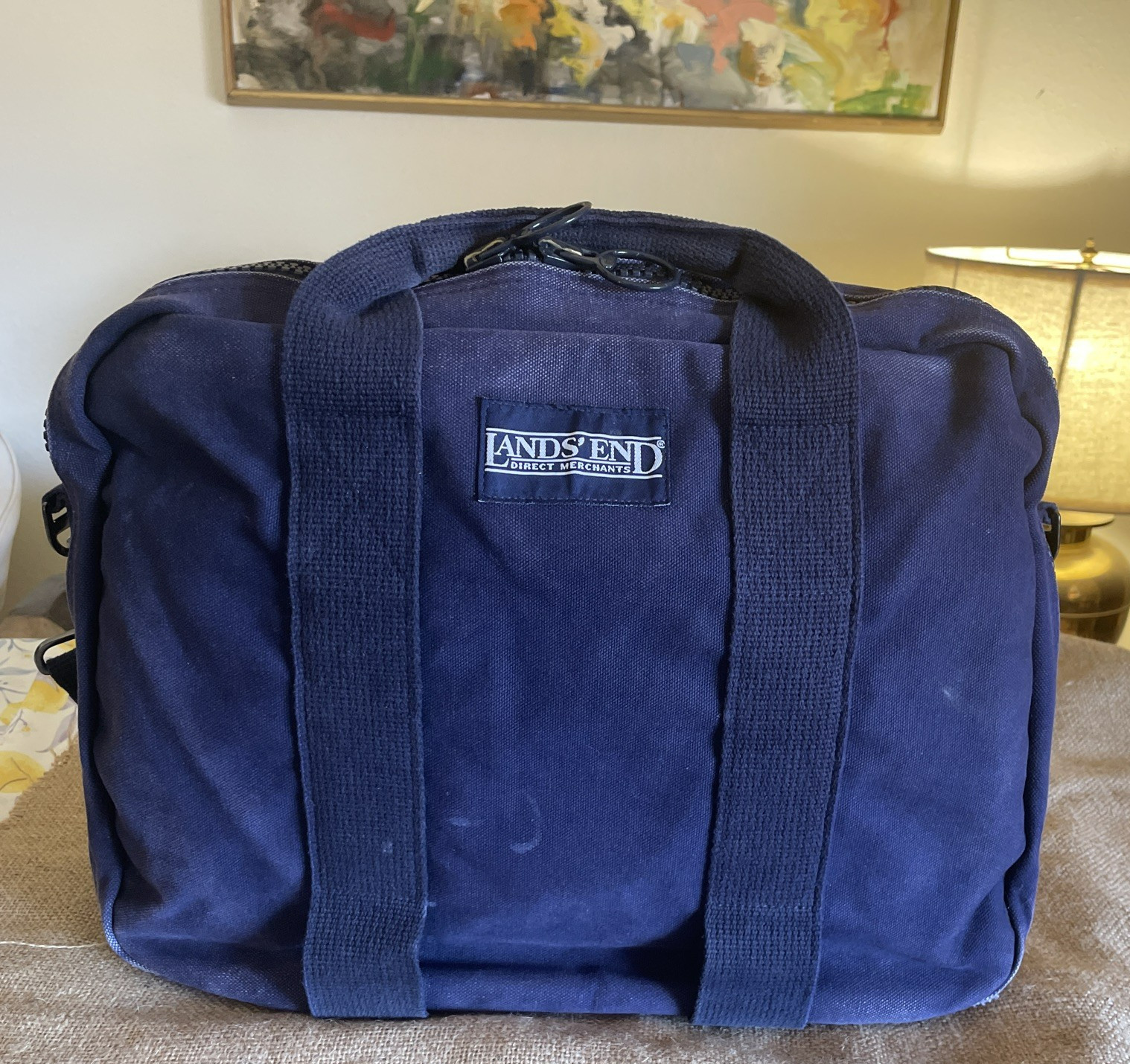 VTG Lands End Messenger Bag Canvas Denim USA Made Blue Distressed Faded 90s
