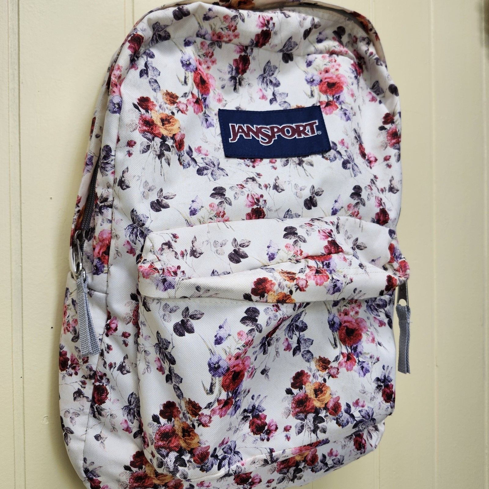 Jansport Backpack, Floral Superbreak White With Multicolor Flowers Front Pocket