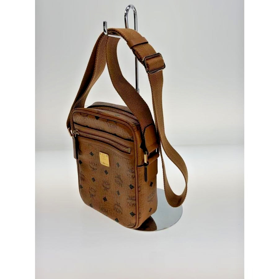 MCM Authentic Visetos Leather Brown Shoulder Bag Crossbody Bag Logo Engraving