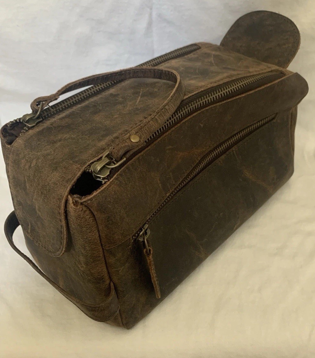 KomalC Buffalo Leather Dopp Travel Toiletry Bag Distressed Brown Shaving Bag