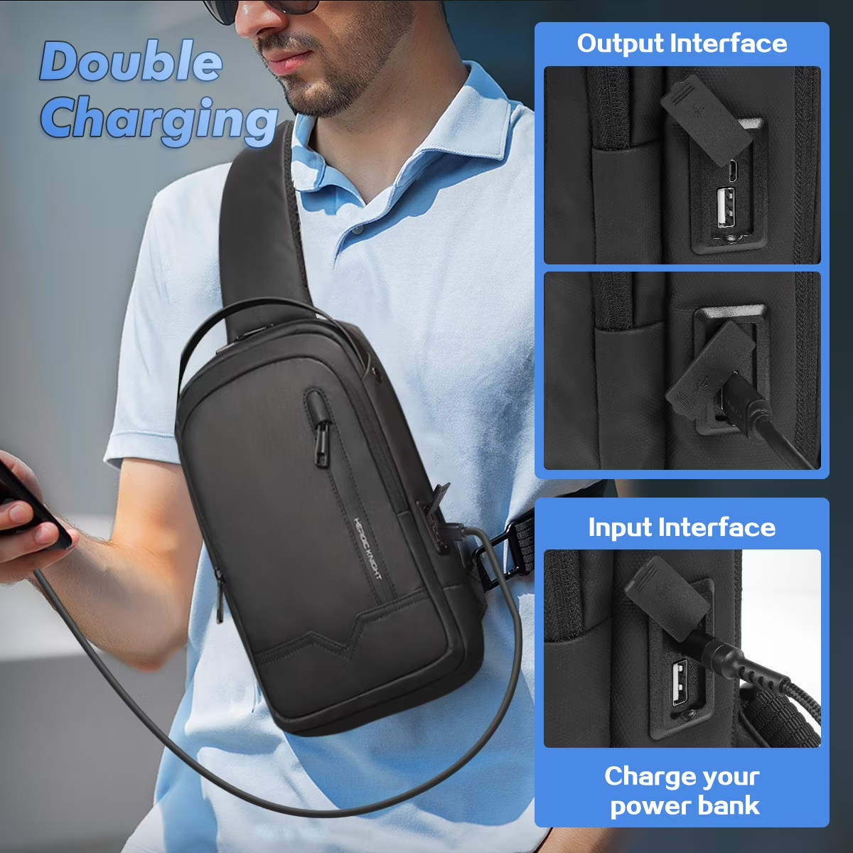 HEROIC KNIGHT Travel Sling Shoulder Bag w/ USB Charging Port Crossbody Chest Bag