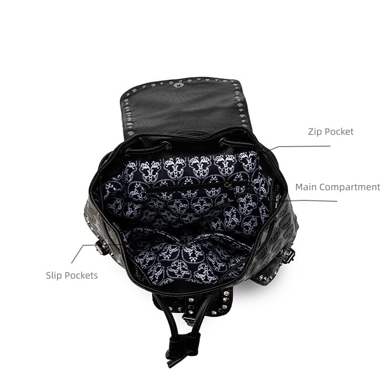 Gothic Skull Backpack PU Leather Punk Rucksack Drawstring Flap A4 Tablet Bag new