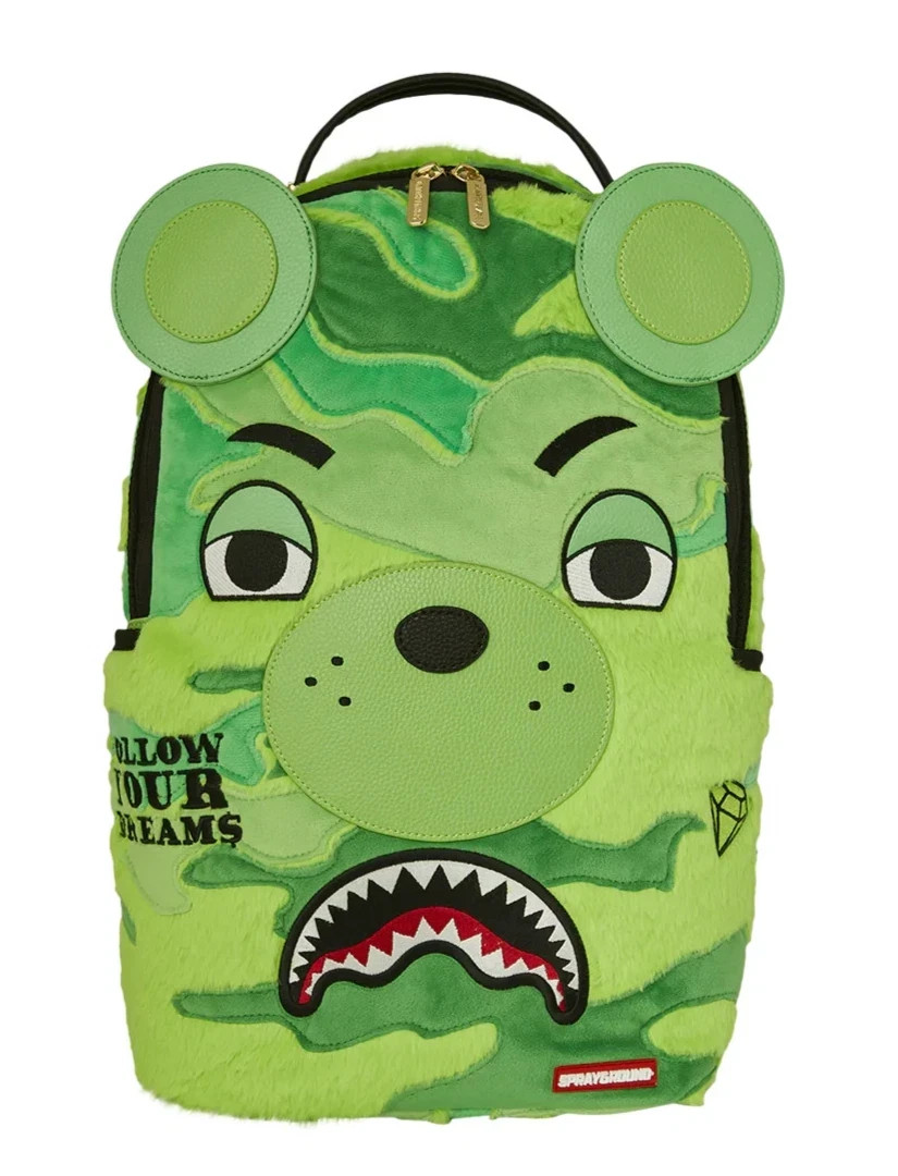Sprayground Money Bear Dreams Green Fur Backpack🔥New Bookbag Large School Bag