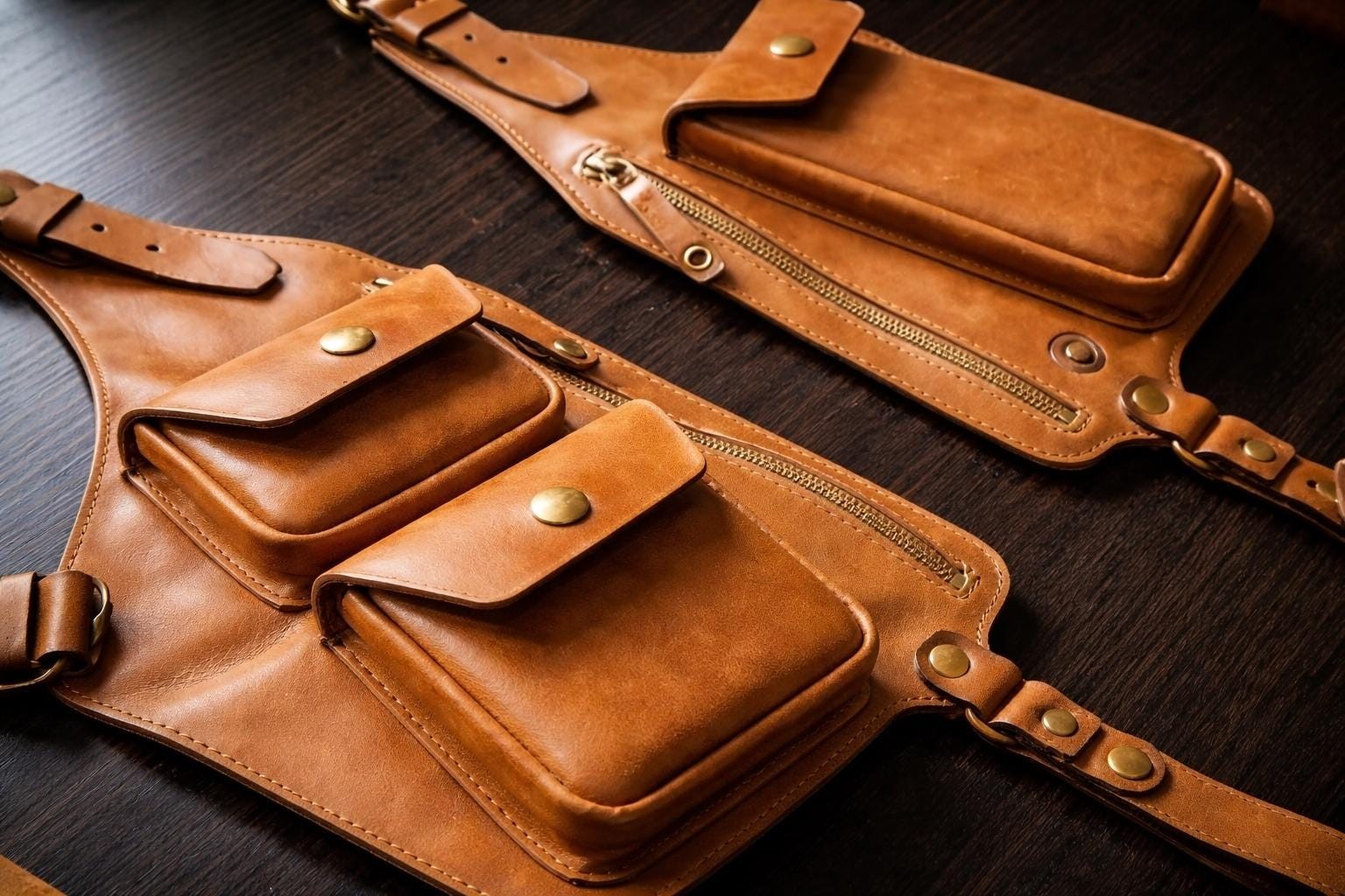 Mobile Holster Adjustable Harness with Zippered-Bags, Vintage Shoulder Holster