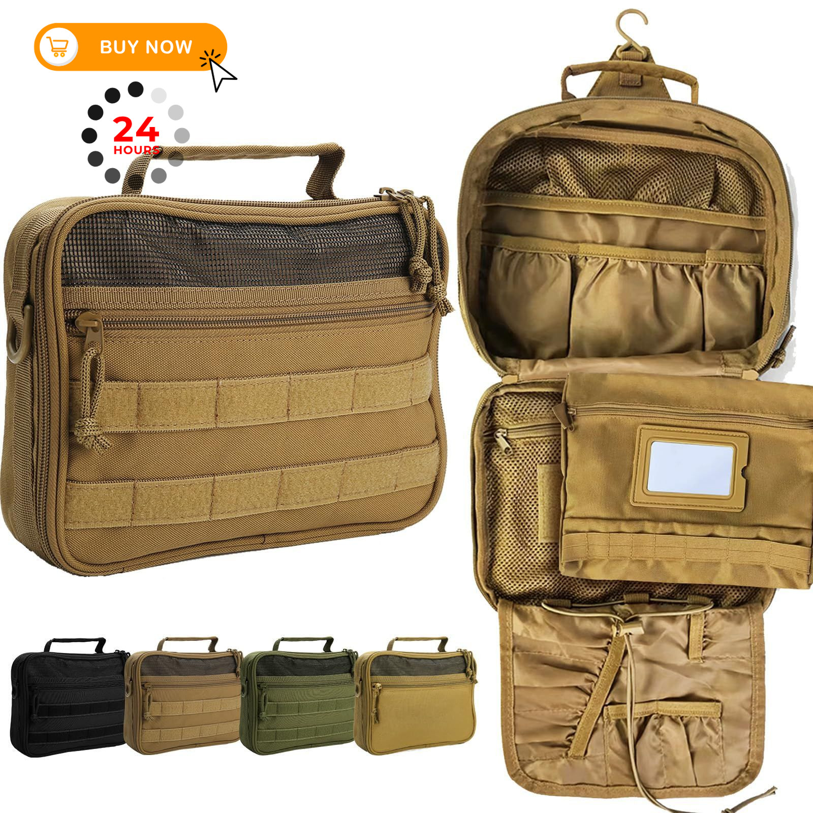 HJOKLS Tactical Hanging Toiletry Bag for Men，Mens 9.5×7.9×2.7 inches, Khaki