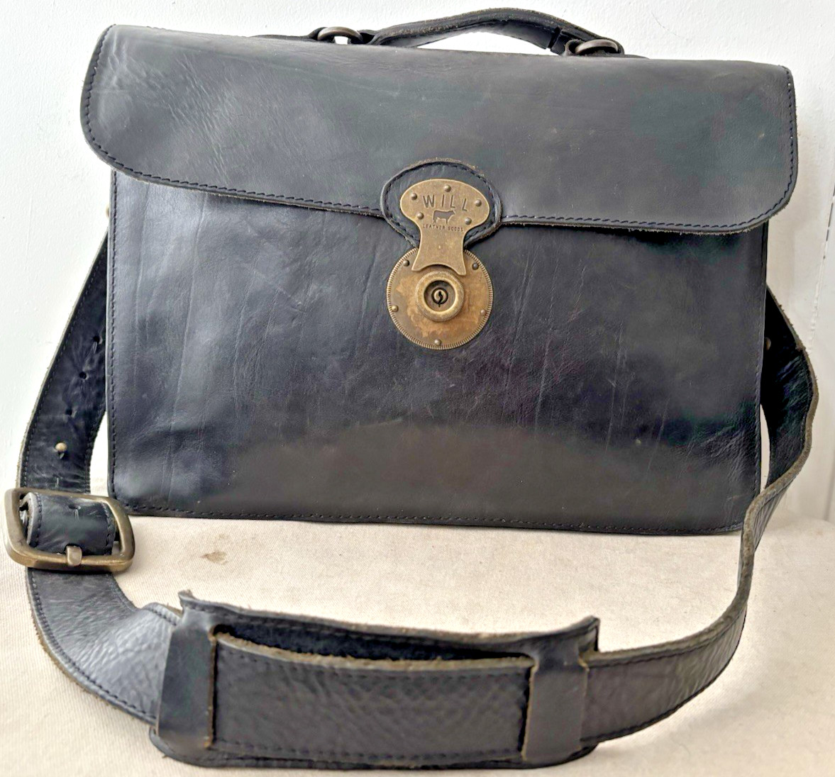 WILL LEATHER GOODS “Jacques” Rugged Matte Black Leather Briefcase Laptop Bag EC