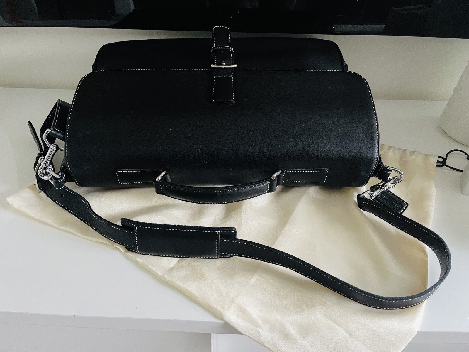 COACH Black Leather Briefcase Laptop Messenger Bag Single Handle w/ Strap MINT