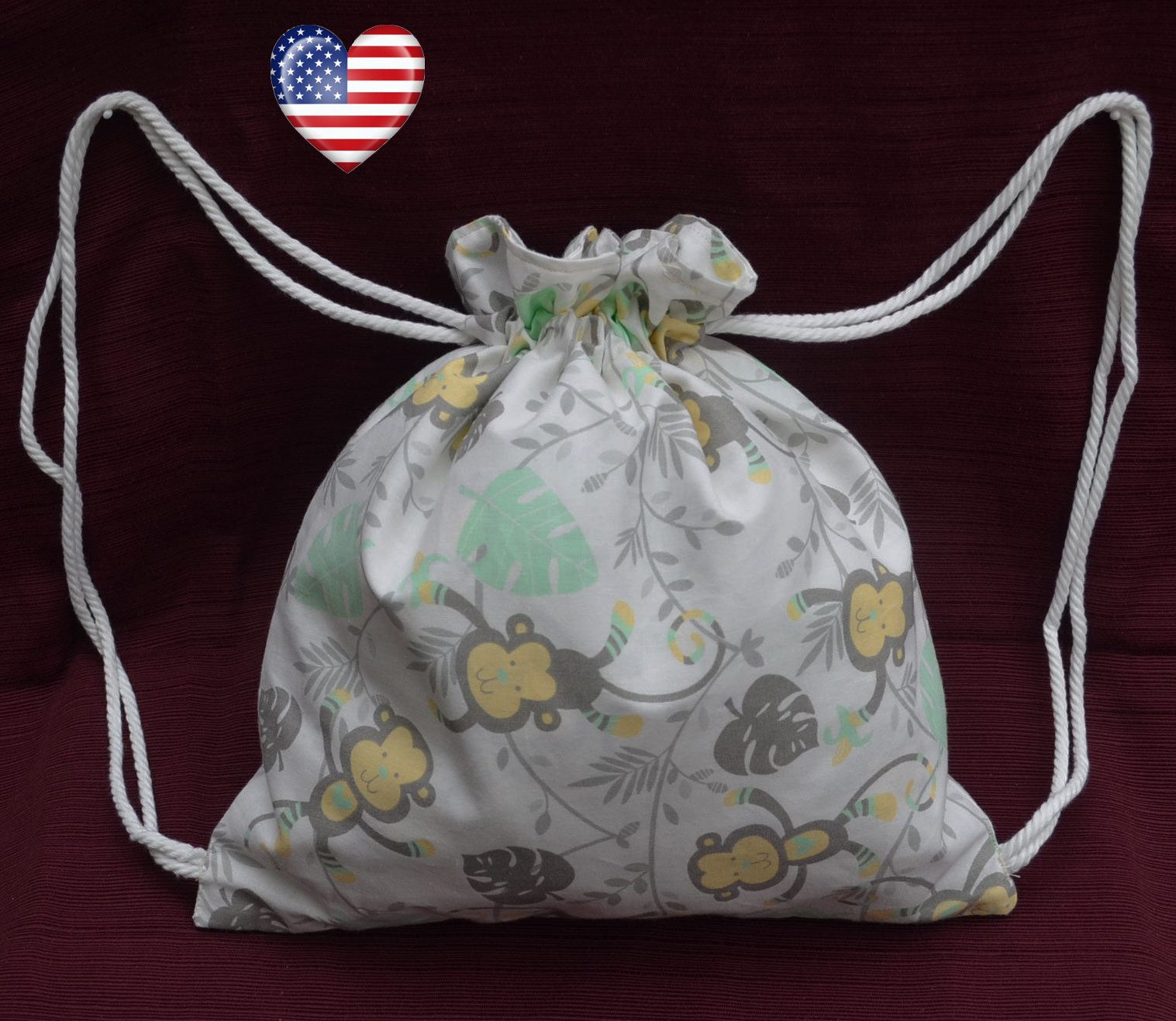HANDMADE Monkey Business DRAWSTRING BACKPACK Unisex Child’s Cotton Hand Crafted!